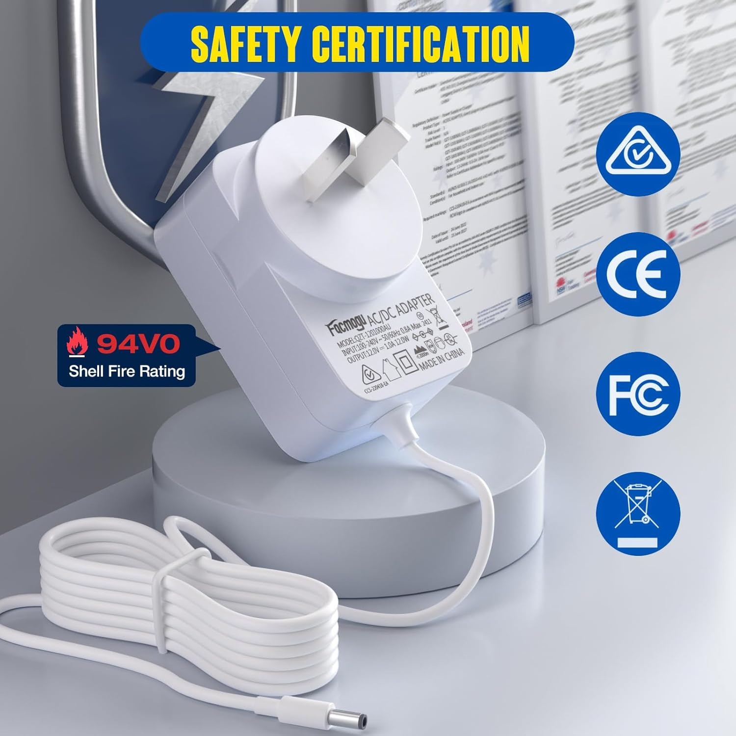 Facmogu 2Pack DC 12V 1A Power Supply 1000Ma 12W AC/DC Adapter, SAA EESS Certified 100~240V AC to DC 12 Volt 1 Amp Converter with 5.5 X 2.5Mm 2.1Mm Plug for LED Strip Light CCTV Security Camera - White