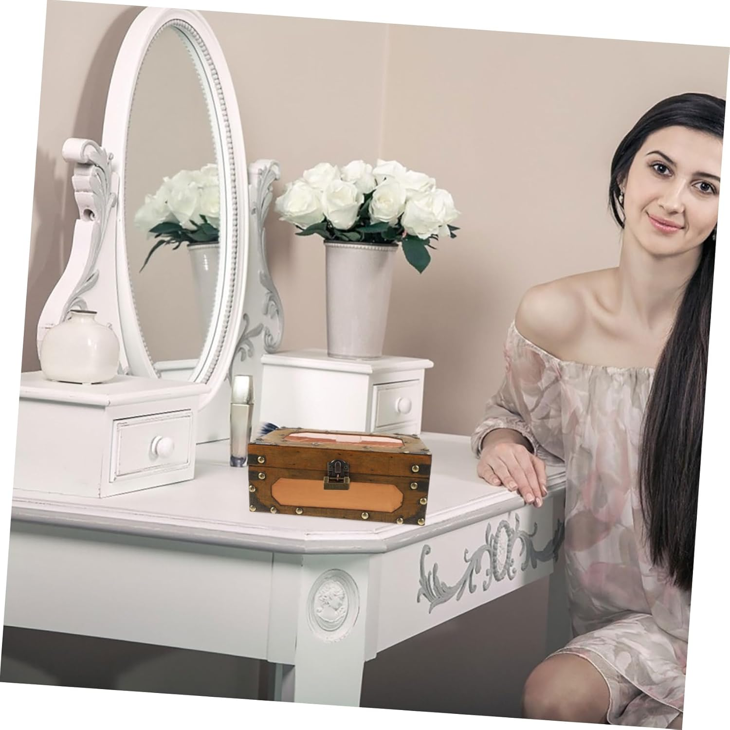 Retro Wooden Keepsake Chest Vintage Style Treasure Box with Hinges and Lock for Jewelry Decorative Storage for Home Decor and Photography Props Antique Design for Boy Girl And image number 1