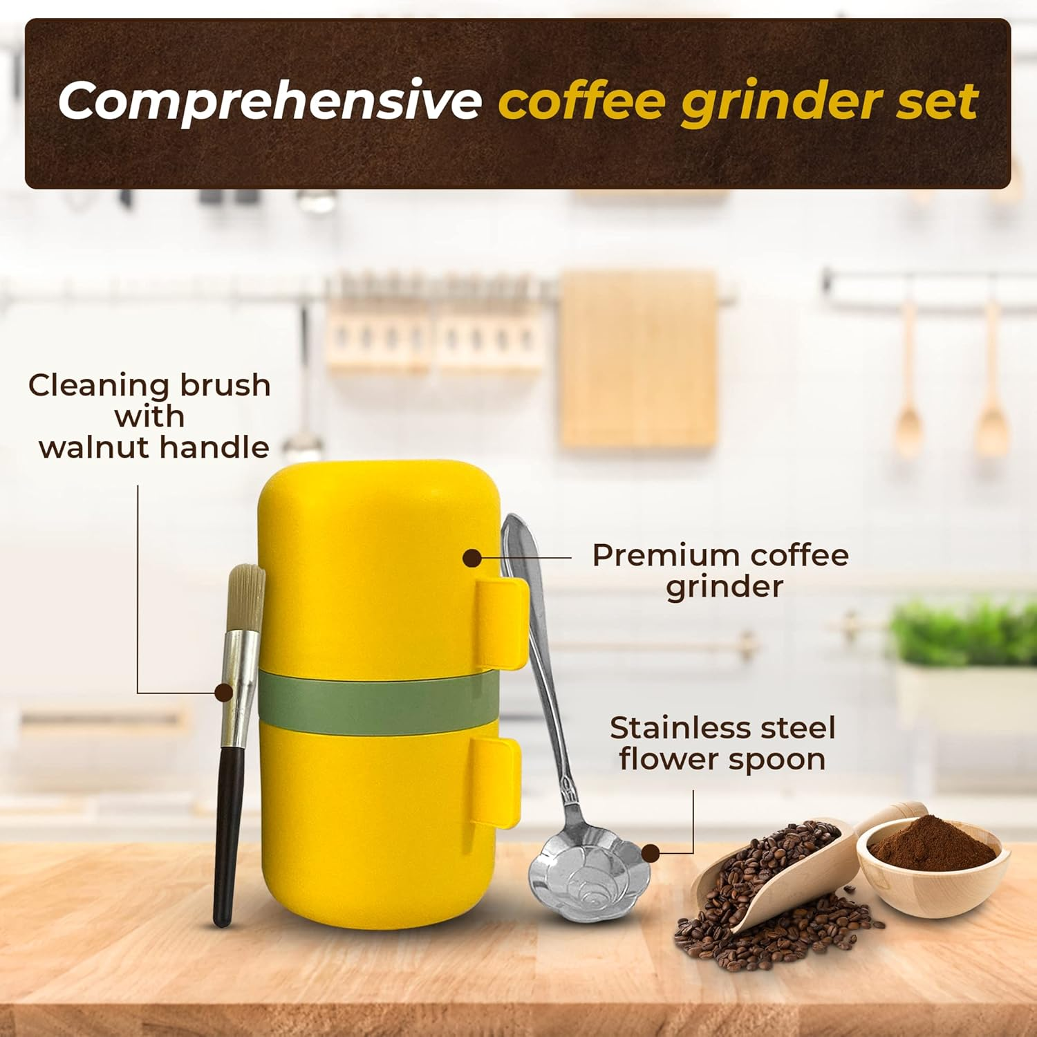 DIRECT from FACTORY Coffee Grinder Set with Flower Spoon & Brush, Stainless Steel & Ceramic Burr - Portable Coffee Bean Grinder - Manual Hand Crank Grinder for French Press, Drip Coffee & Espresso image number 2