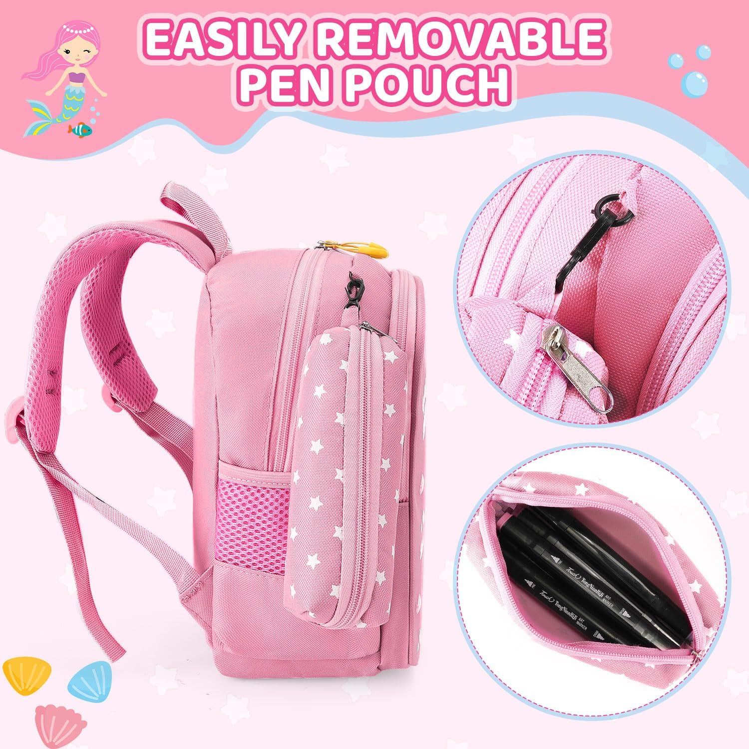 WOTOW Backpack for Kindergarten Kids, Girls Bag Large Capacity, Pencil Box, anti Lost Wrist Link for Toddler, Mermaid Preschool Girl Bag image number 2