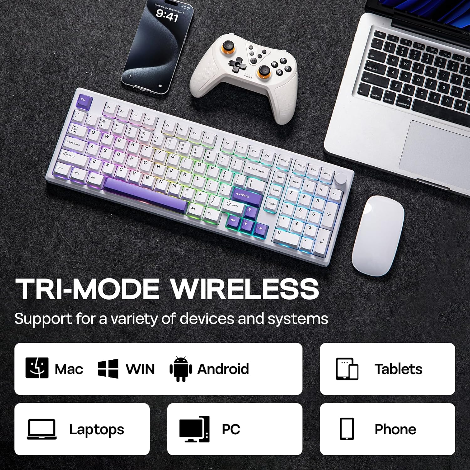 EPOMAKER Galaxy100 QMK/VIA Wireless Mechanical Keyboard, 8000Mah Battery, CNC Aluminum, Full Size Gaming Keyboard, Numpad, Usb-C/Bt5.0/2.4Ghz, Hot Swappable (White Purple, Wisteria Linear Switch) image number 5