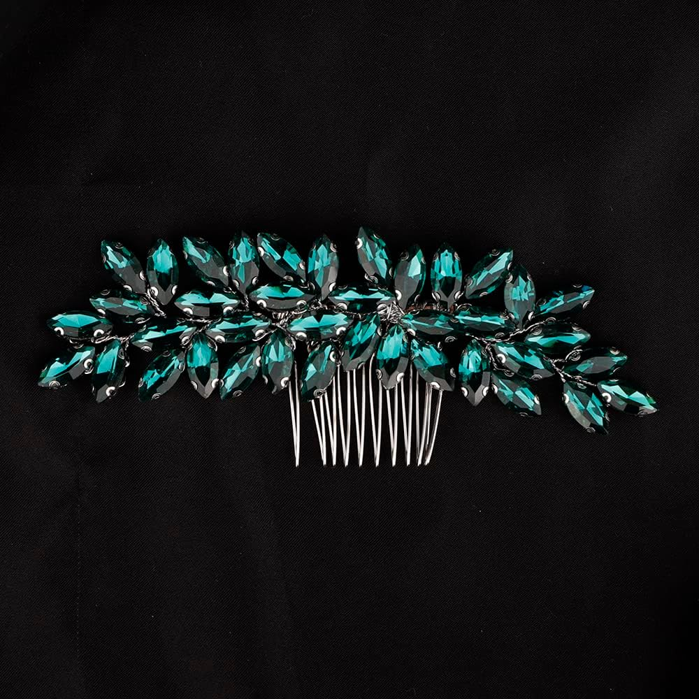 Teyglen Women'S Dainty Simple Rhinestone Hair Comb - Luxurious Shiny Bridal Side Hair Accessory for Weddings (Silver-Green) - Blue image number 2