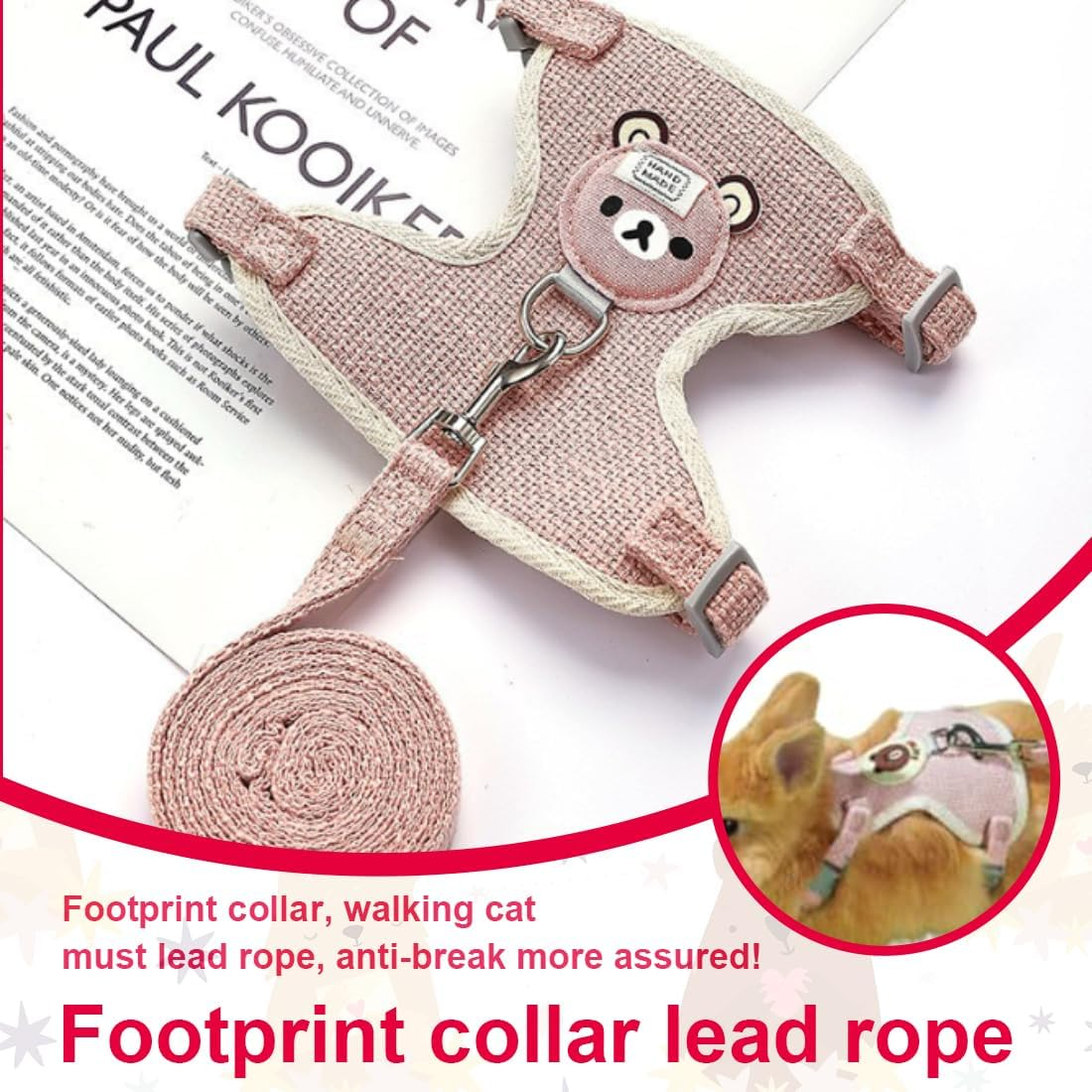 XYTAHDM Nano Rabbit Leash, 120 Cm, Rabbit Accessories, Harnesses, Collars and Leads for Small Animals, with Leash, Rabbit Harness, Adjustable Leash, for 1-1.5 Kg (Pink) image number 1