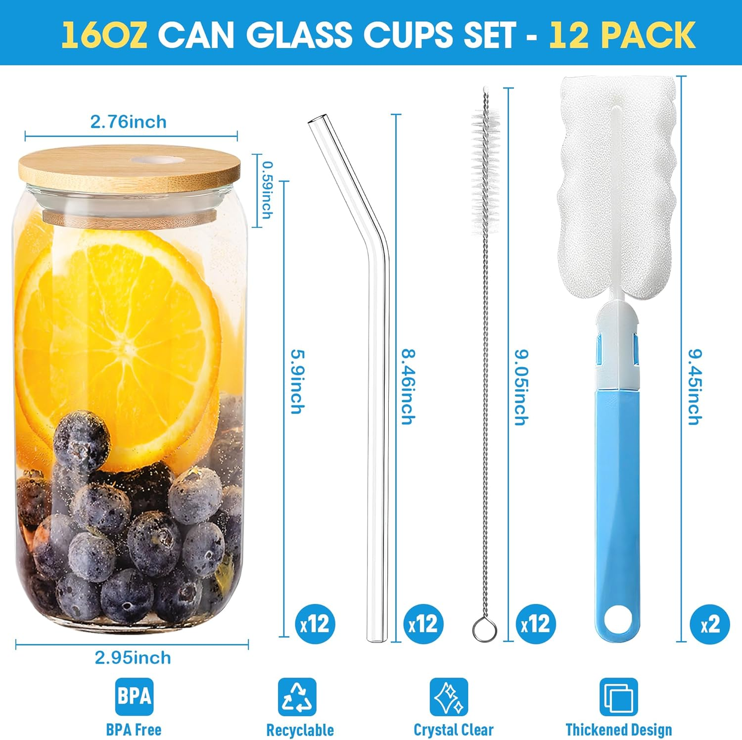 Drinking Glasses with Bamboo Lids and Glass Straw, 16Oz Can Shaped Glass Cups, Beer Can Glasses, Iced Coffee Cups, Glass Tumbler with Straw, for Cocktail, Whiskey, Gift - Clear Glass Cup Set(12 Pack) image number 3