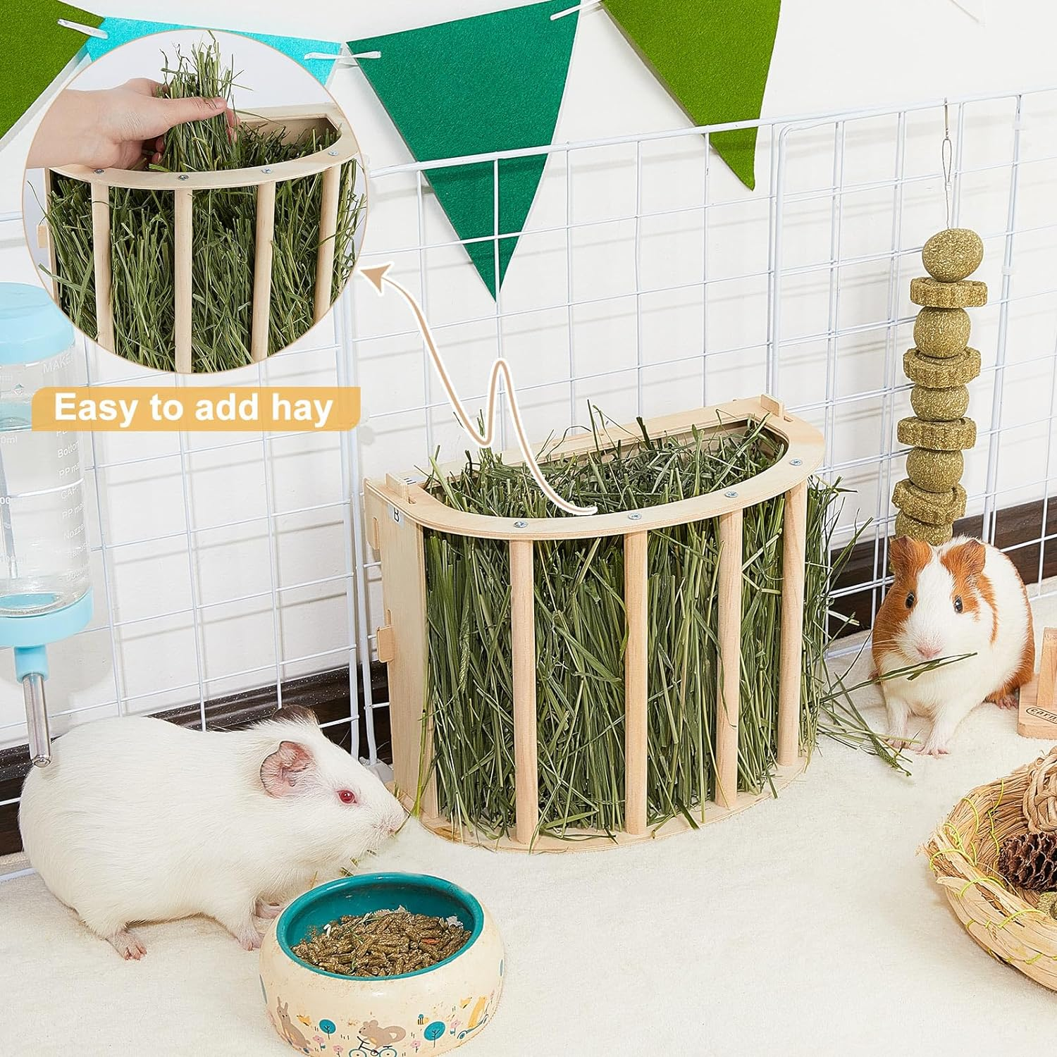 Guinea Pig Hay Feeder Wooden Rabbit Hay Feeder Big Volume Bunny Hay Holder Hanging Hay Rack with Instructions Guinea Pig Cages Accessories for Chinchilla and Ferret, Rabbit Cage Accessories image number 6