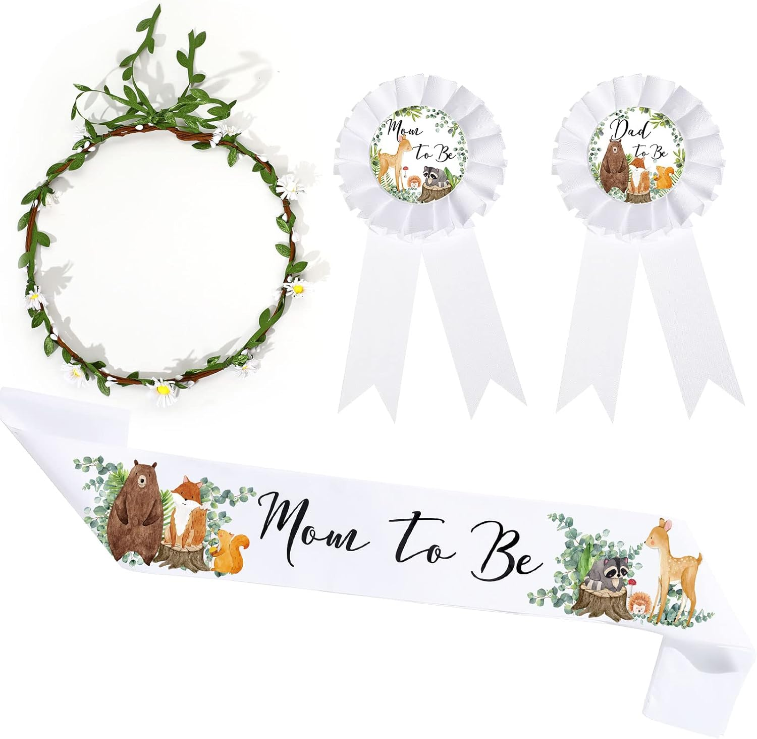 Xinnun 4-Piece Woodland Animal Themed Mom to Be Sash Kit with Sage Green Leaf Flowers Crown, Dad & Mom Badges for Baby Shower Party Favors & Gender Reveal
