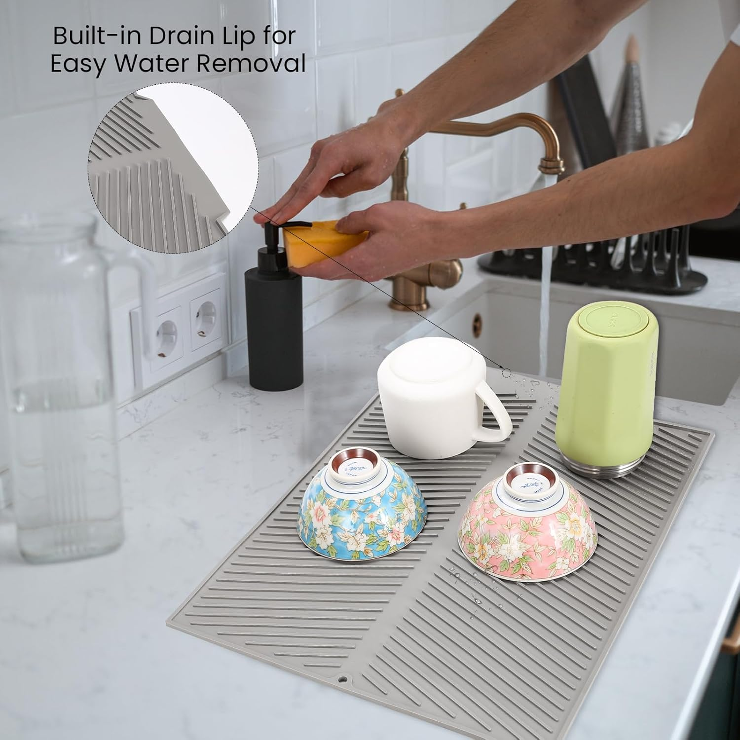 SHARME Silicone Dish Drying Mat with Drain Lip, Dish Drying Pad, Non-Slip Easy Clean Dish Drainer Mat Kitchen Pad, Silicone Mat for Kitchen Counter or Sink,Refrigerator or Draw-16" X 12.5" Grey