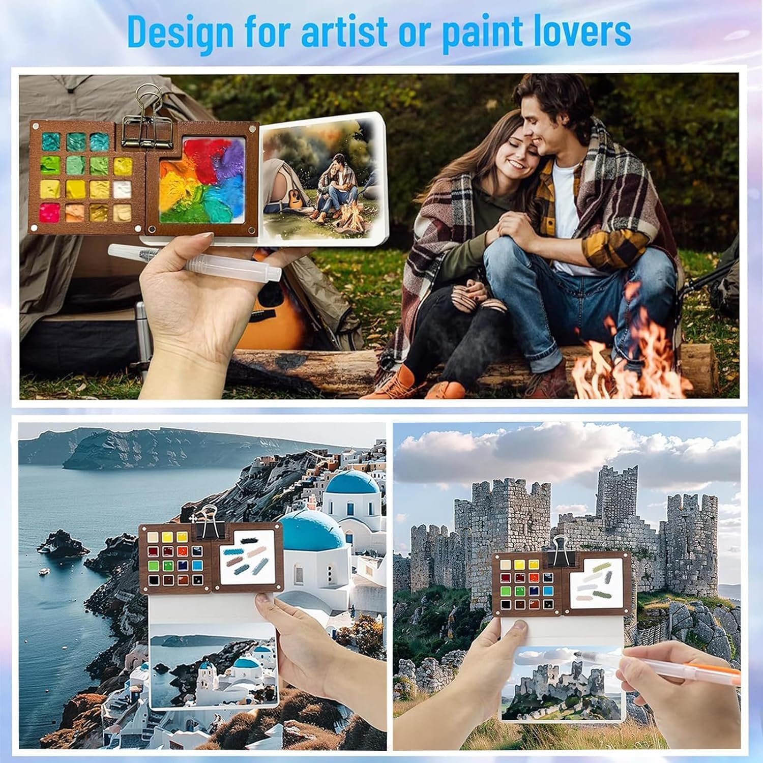 Miniature Watercolor Painting Palette Kit,Wooden 15 Grid Pocket Artist Palette Travel Set Portable Watercolor Palette Box，For Art Lover Beginner image number 1