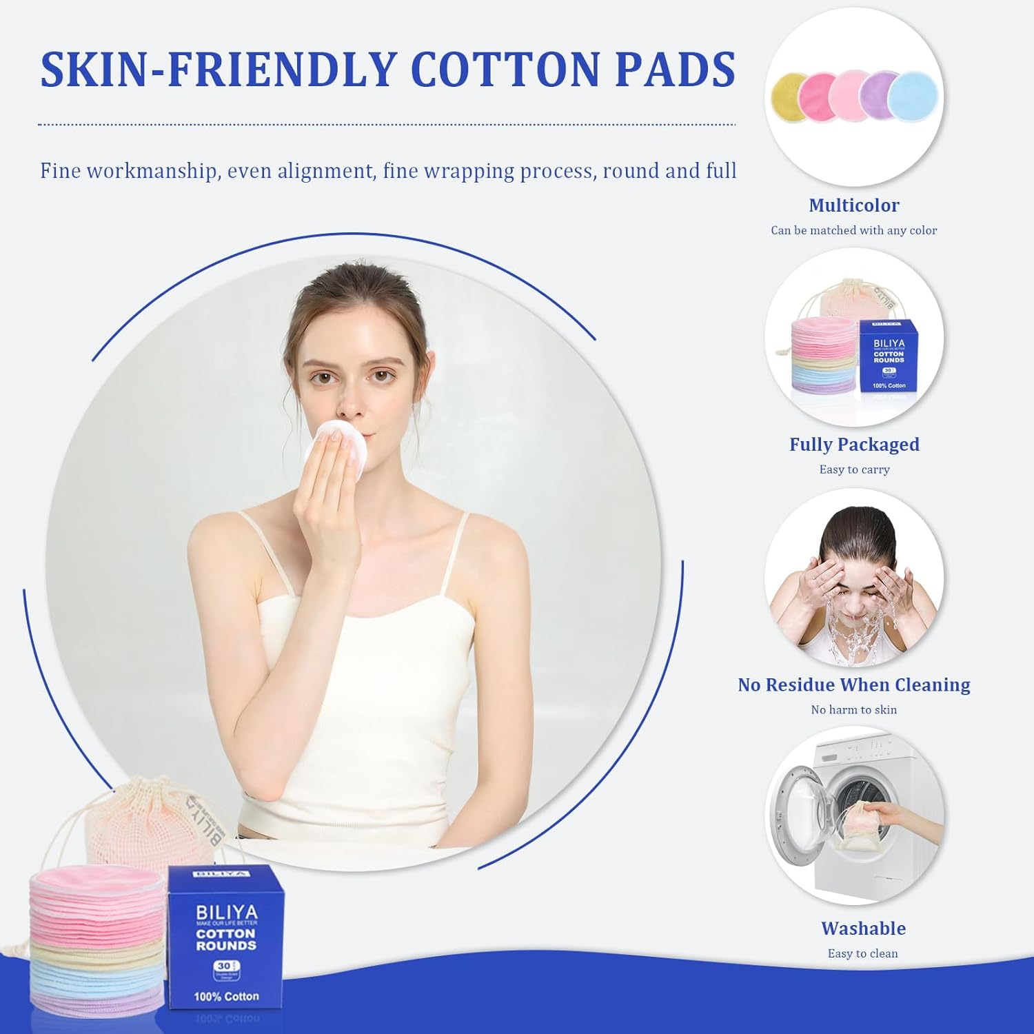Reusable Makeup Remover Pad 60 Pack, Eco-Friendly Cotton Laundry Bag, Reusable Face, Eye & Lip Makeup Remover Pads, round Cotton Pads for All Skin Types image number 3