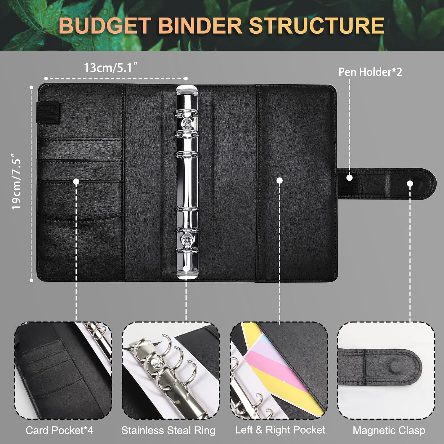 JUNART A6 Budget Binder with Cash Envelopes, Money Saving Binder Budget Wallet with Cash Binder Pocket, Budget Planner, Stickers, Budget Book for Teenager Student Adult(Black) image number 2