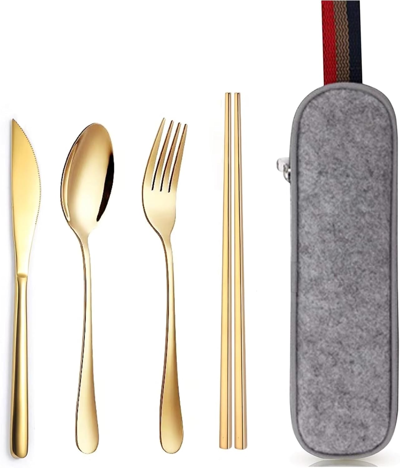 Travel Cutlery Set Portable Cutlery Set Camping Utensils Set Including Knife Fork Spoons Straws Chopsticks Cleaning Brush Reusable Stainless Steel Flatware Set (Sliver)