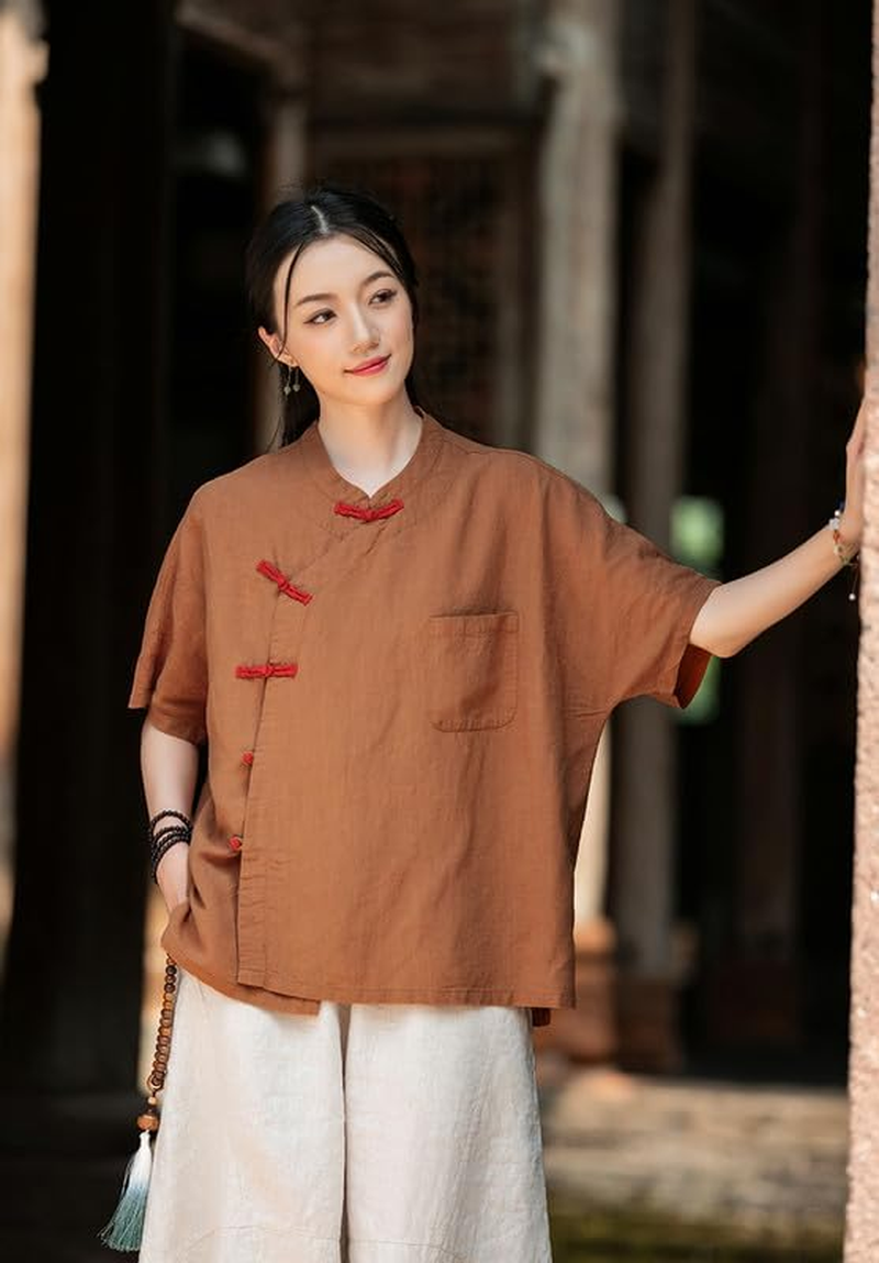 Linen Blouse Women'S Chinese Style Shirt Vintage Boho Zen Tops - Purple image number 7