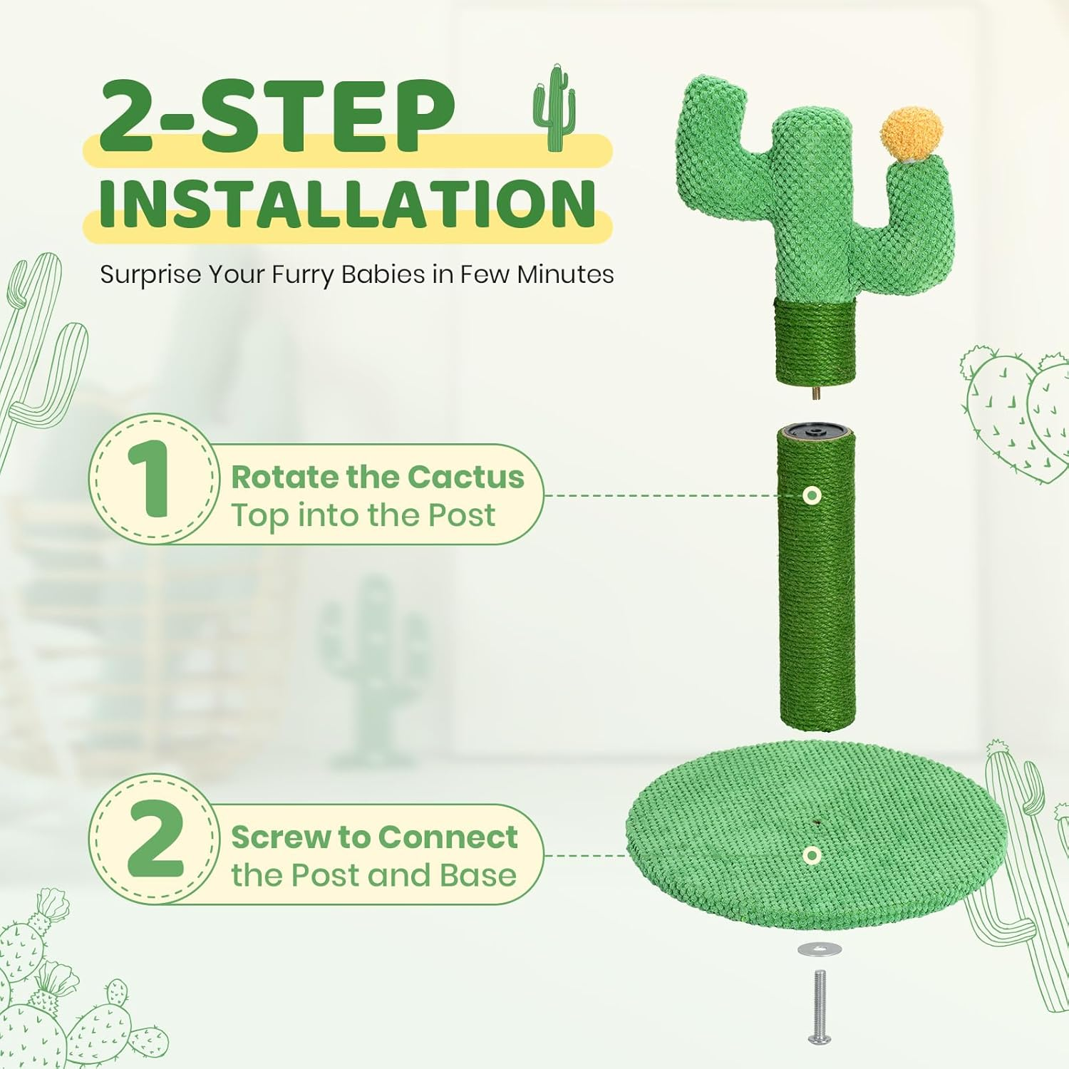 Cat Scratching Post for Indoor Cats - Happy & Polly Cactus Cat Scratch Post in Jute Rope - 50Cm Cat Scratcher with Stable Base for Kittens and Adult Cats