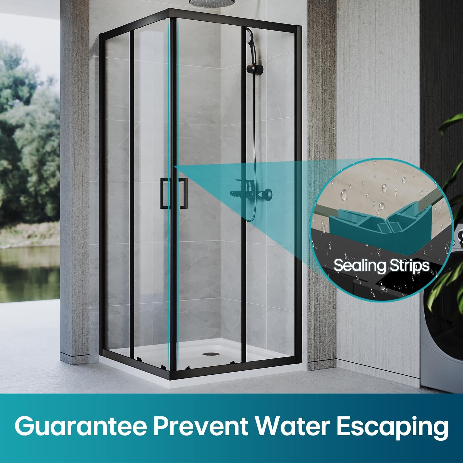 ELEGANT Shower Enclosure Corner Black, Sliding Door Bathroom Screen 900X900Mm with 5Mm Tempered Glass, Single-Sided Aluminium, 1900Mm Height, No Shower Base image number 1