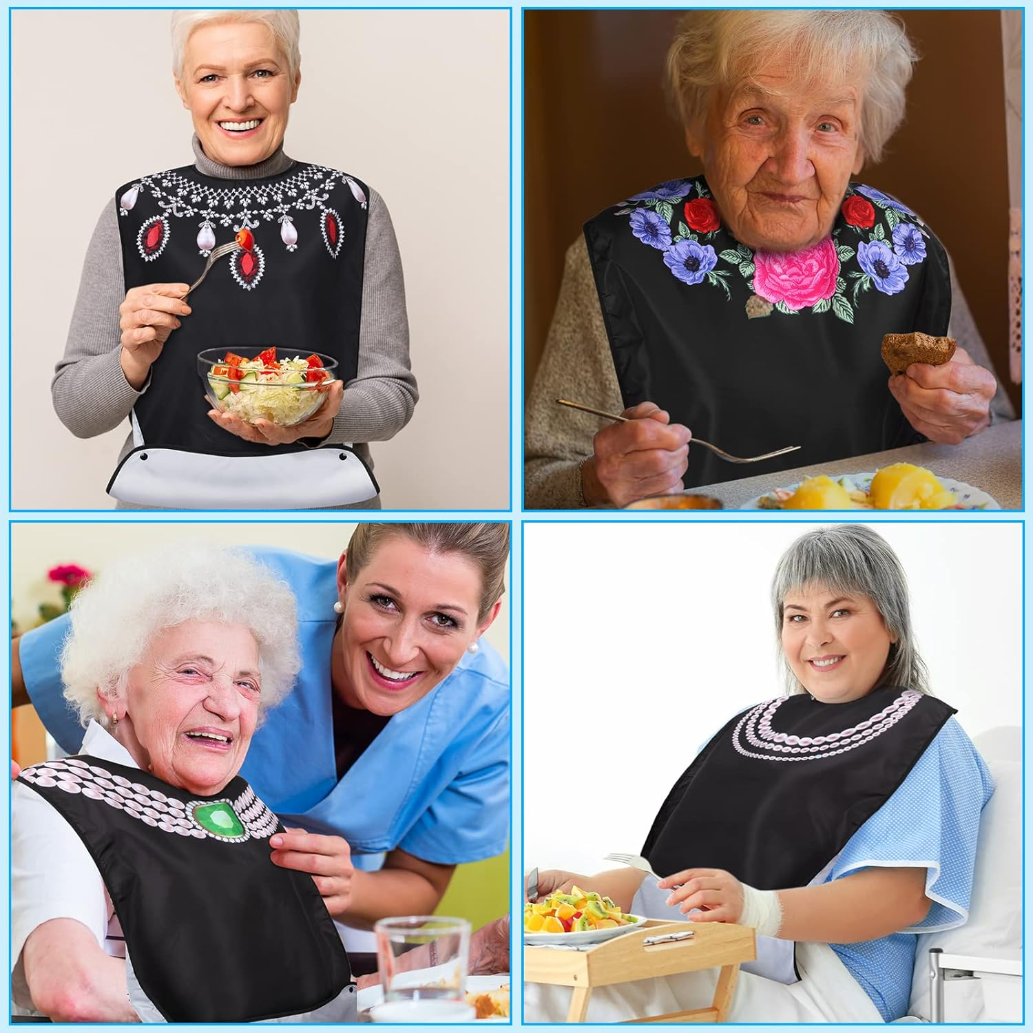 Janmercy 6 Pcs Adult Bibs for Women Washable Waterproof Bibs for Adults Clothing Protectors for Eating with Crumb Catcher Reusable Senior Elderly image number 2