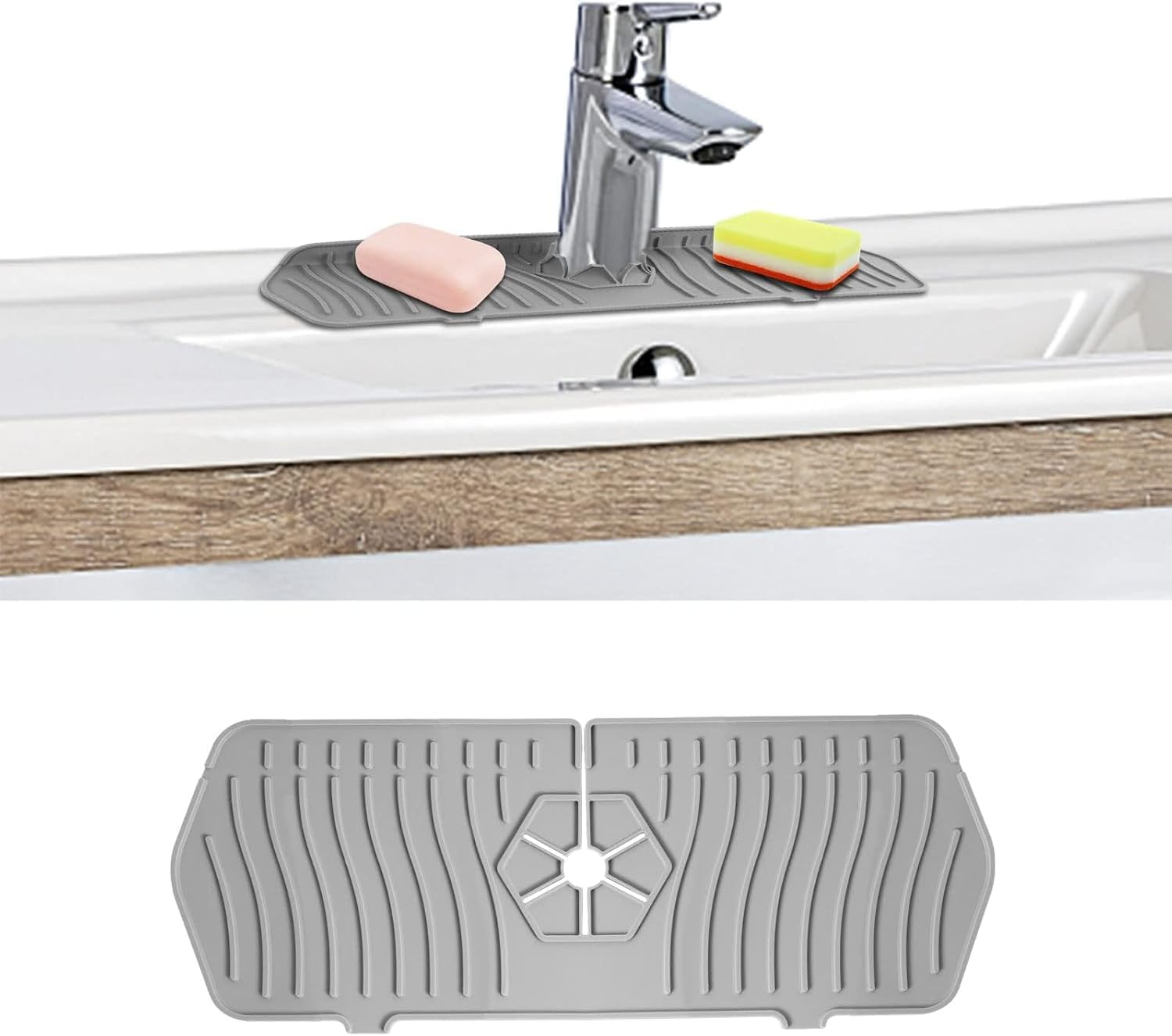 Longer Sink Splash Guard Mat 24 Inch, Silicone Faucet Handle Drip Catcher Tray, Longer Silicone Sink Mat for Kitchenbathroom, Drip Protector Splash Countertop (Grey)