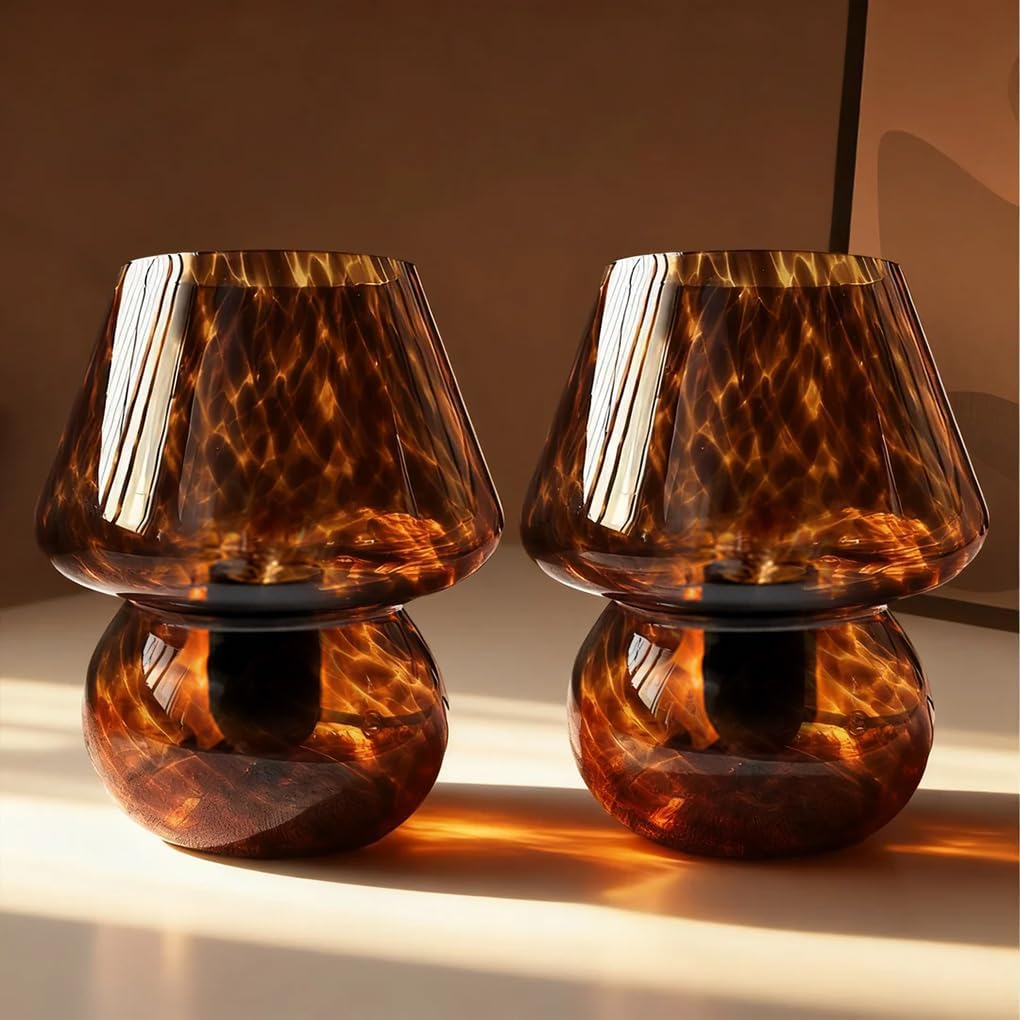 Clora Bedside Table Lamp Set of 2 Glass Mushroom Lamp with 3 Color Temperatures, Small Nightstand Lamp 5W LED Bulb Included Murano Style Cute Home Decor for Living Room Bedroom Office (Amber)
