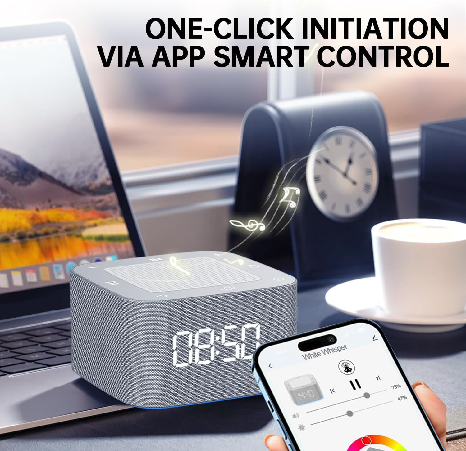 White Noise Machine & Alarm Clock with Bluetooth Music Player,32+ Soothing Sounds,7-Color Night Light, 5-Timer Settings, Dimmable, Memory Function, for Adults/Baby/Bedroom/Office (Grey) image number 2