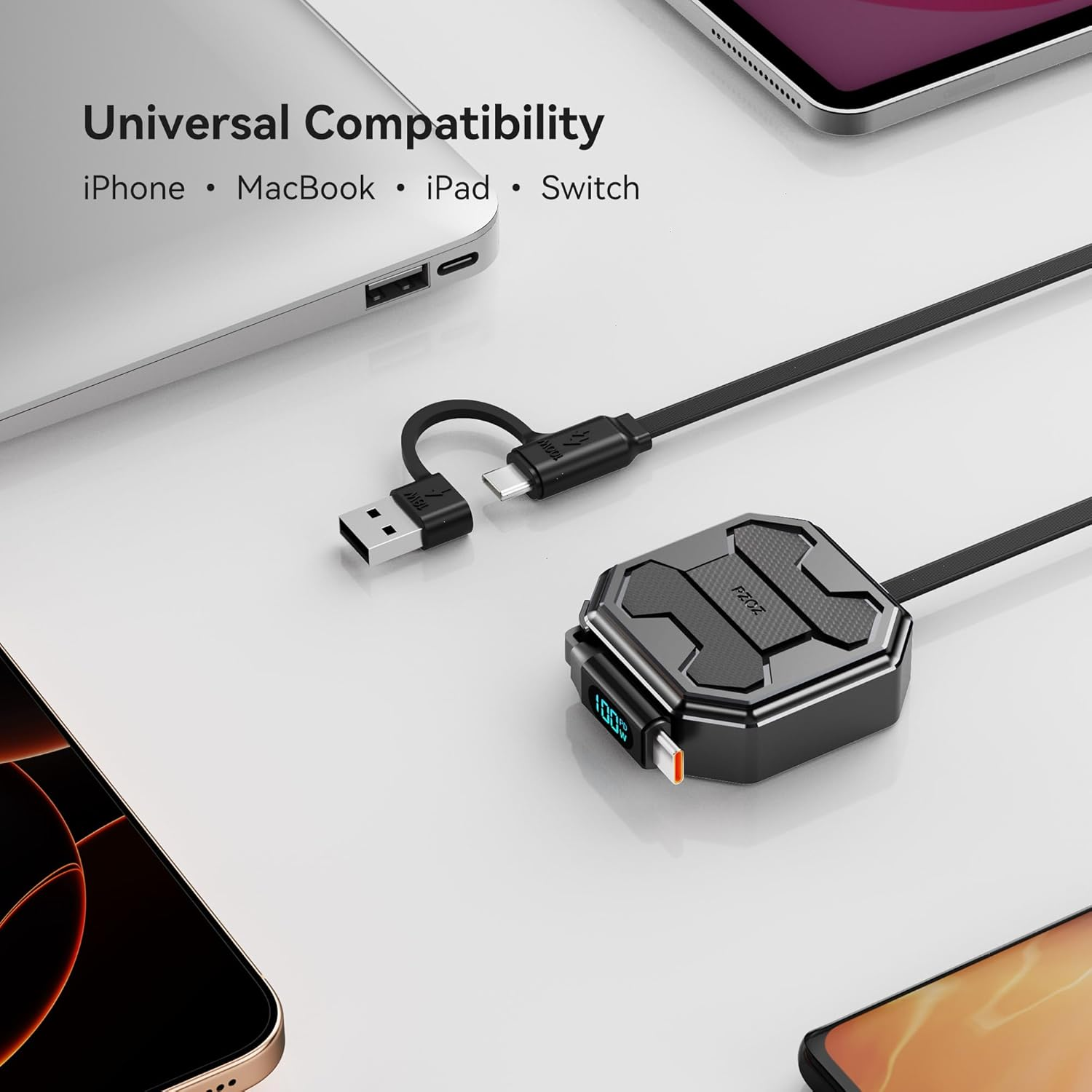 PZOZ 2-In-1 Retractable USB C Cable, 100W Fast Multi Charging Cable with LED Display for Iphone 16 17 Ipad Mac Samsung for Car Carplay, Deskop Cord Orgaiser (USB C to USB C) image number 1