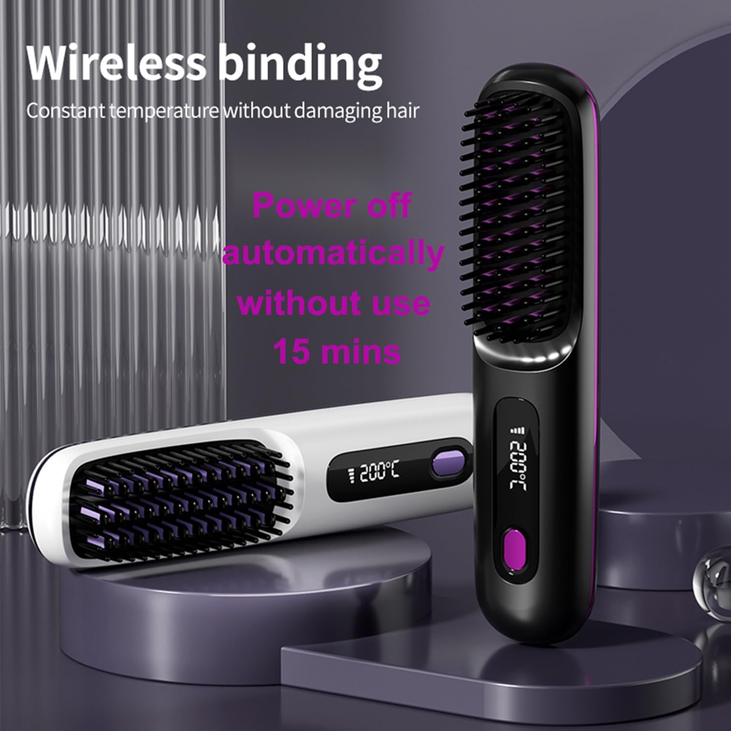 Cordless Hair Straightening Brush with LCD Display 160-200&deg;C Constant Temperature 20S Fast Heaning Type-C Interface Long Lasting Endurance Light Portable Gifts for Woman Travel (Purple) - Blue image number 5