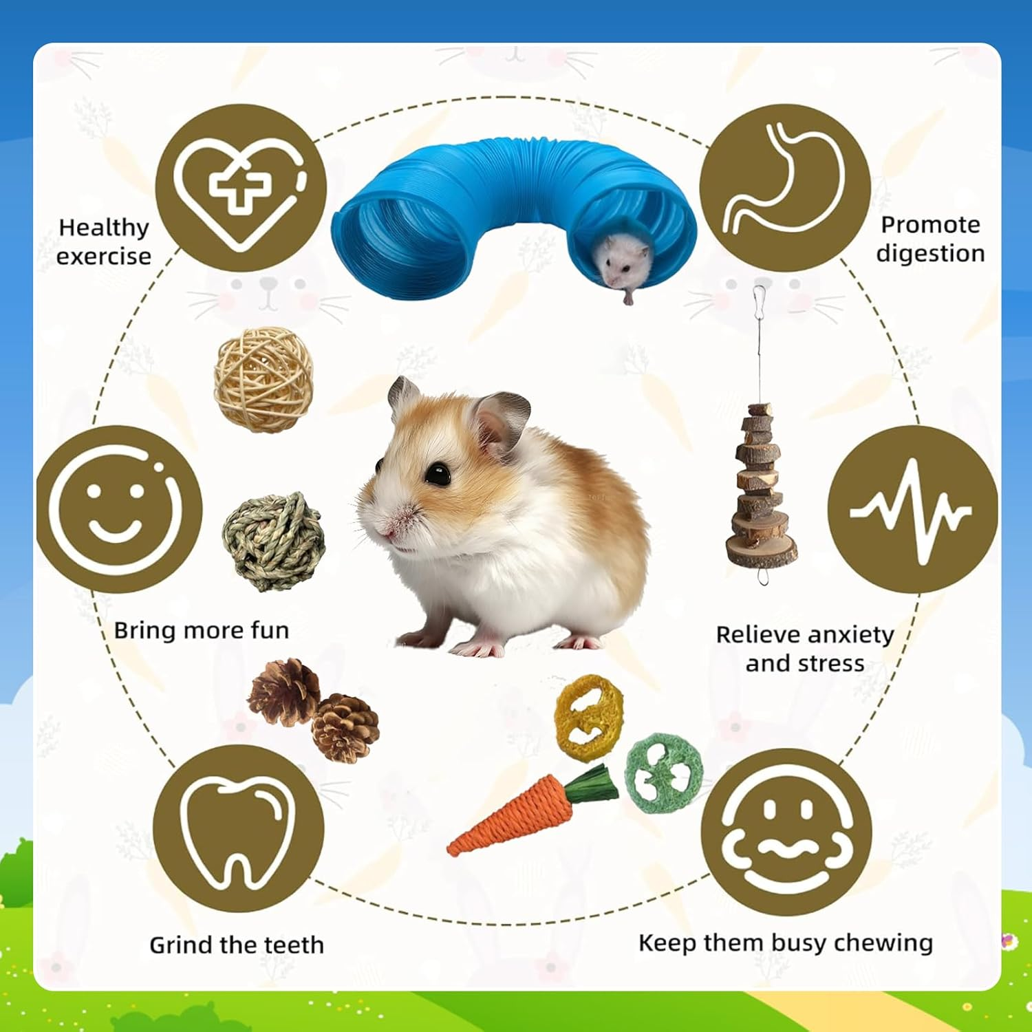 SUSOO 9Pcs Hamster Toys Set with Safe Natural Chew Toys and Extendable Play Tunnel, Rodents Teeth Care for Hedgehog, Rat, Chinchillas,Guinea Pig, Foraging Toy for Small Animal Cage Accessories image number 5