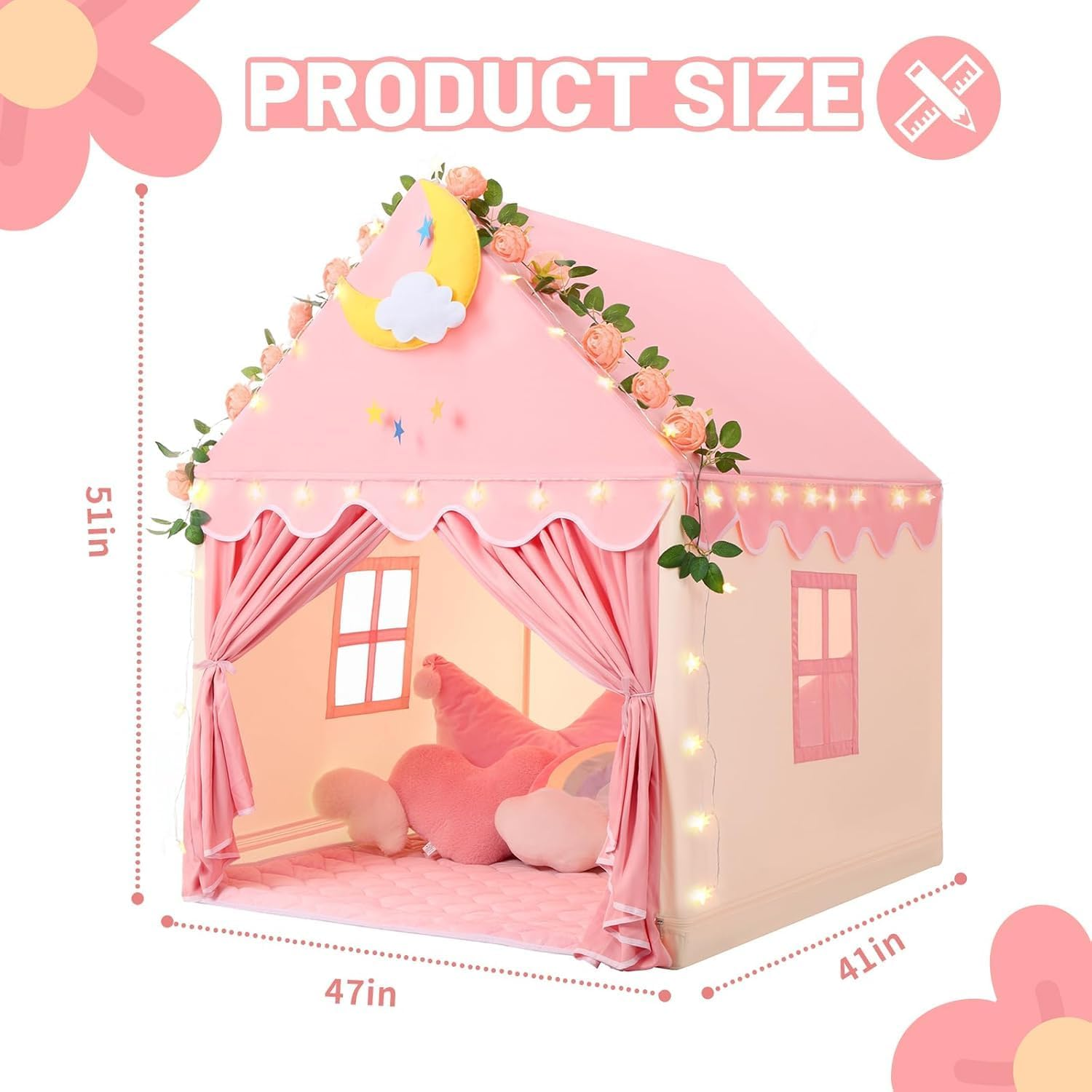 Kid Tent with Lights, Princess Tents for Girls Toy House Toddlers Kids Play Tent Large Indoor Playhouse with Windows and Roll up Door Pink Princess Castle Play Tents Girls & Boys Toy Gifts image number 5