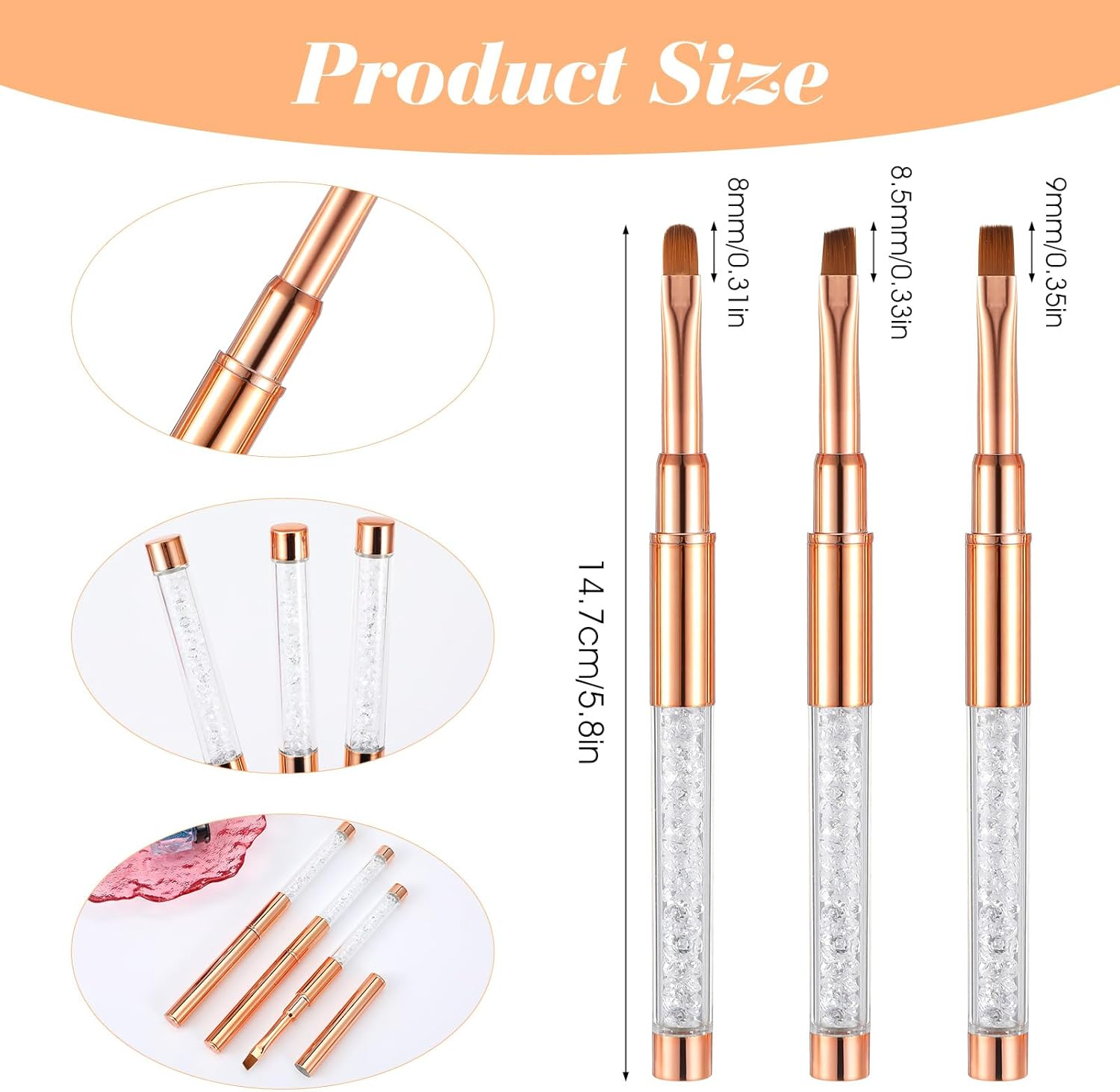 Set of 6 Gel Brushes for Nails, Oval Gel Nail Brush Set, Art Brush for Nail Painting with Rhinestone Handle, Nail Art, Design Brush, Nail Art, Cleaning Brush image number 2