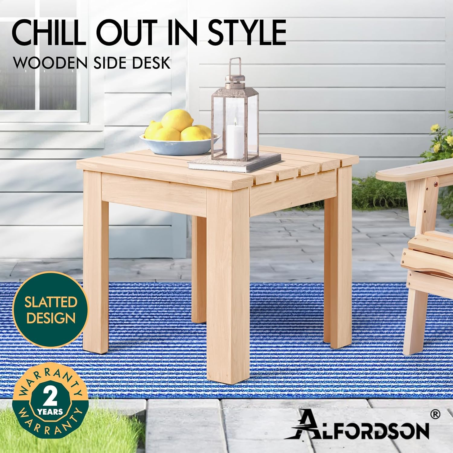 ALFORDSON Outdoor Wooden Side Desk for Adirondack Chair Bench, Durable Fir Wood Coffee Table for Patio Garden Porch Beach Armchair Lounge Seater, Lawn Furniture Tabletop, Wood - White image number 2