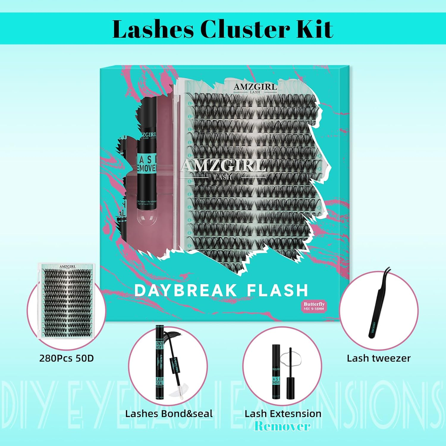 Lash Clusters Kit 280Pcs Lashes Extensxion Wispy Kit 50D D Curl with Bond&Seal Waterproof,Lashes Glue Remover,Lash Tweezers Tools for Eyelash Extension Kit(50D,9-18Mmmix Kit) image number 2
