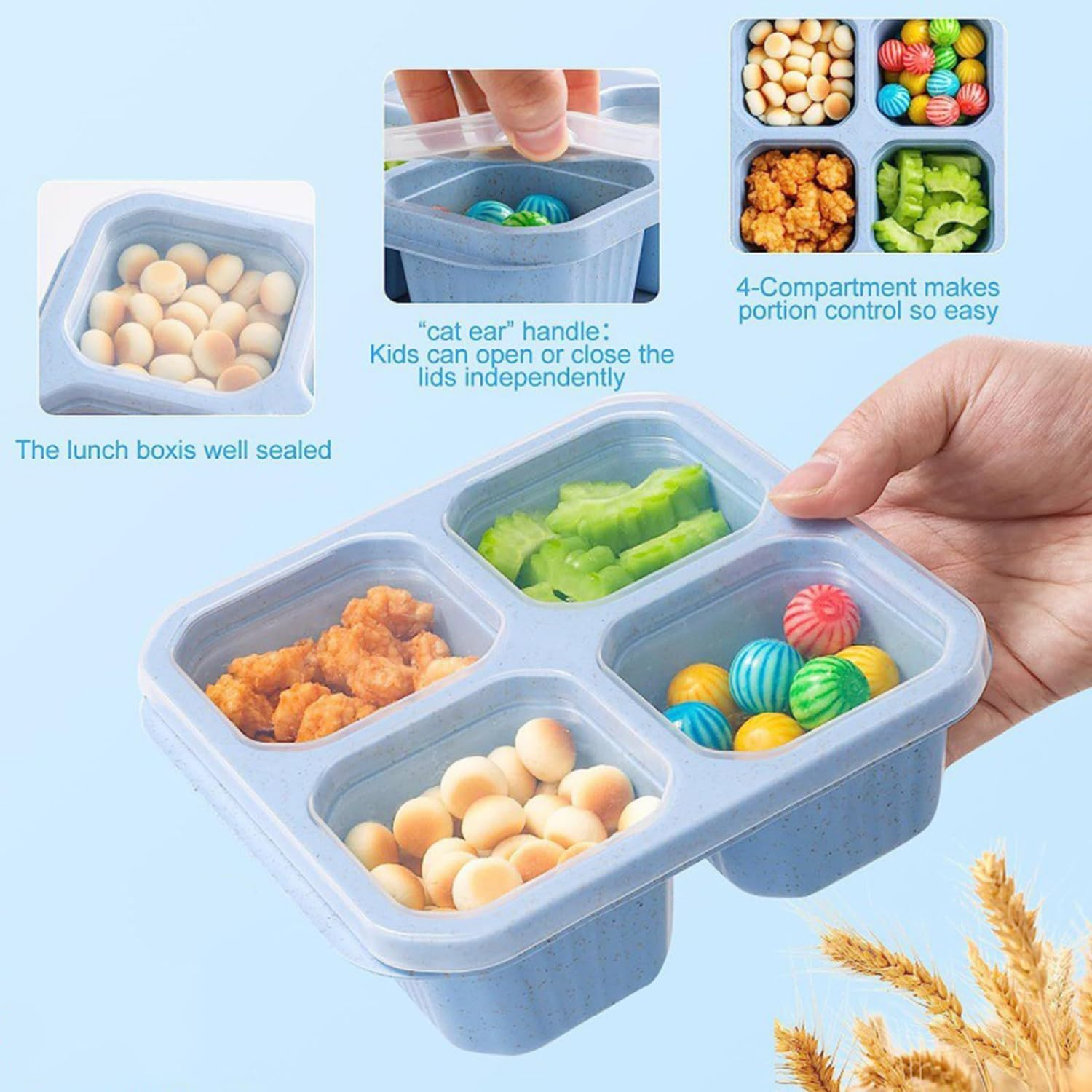 5 Pack Snack Containers, Reusable Bento Snack Box, 4 Compartments Meal Prep Lunch Containers for Kids and Adults, Divided Food Storage Containers for School Work Travel image number 2