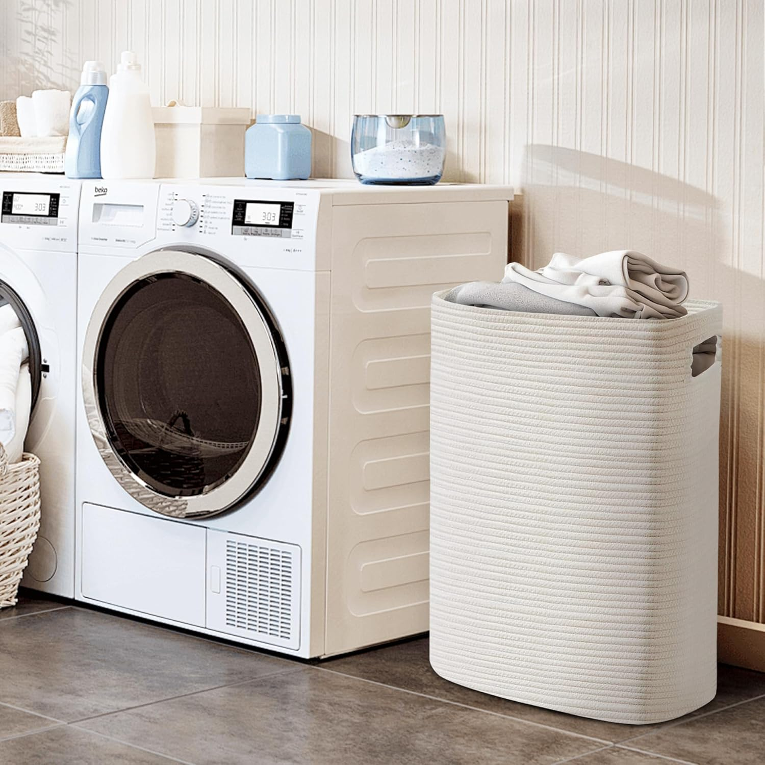 MEGASKET Large Laundry Hamper 16"X13"X22" - Tall Wicker Laundry Basket, Cotton Rope Dirty Clothes Hamper, Baby Kids Nursery White Hamper, 75L - Black image number 5