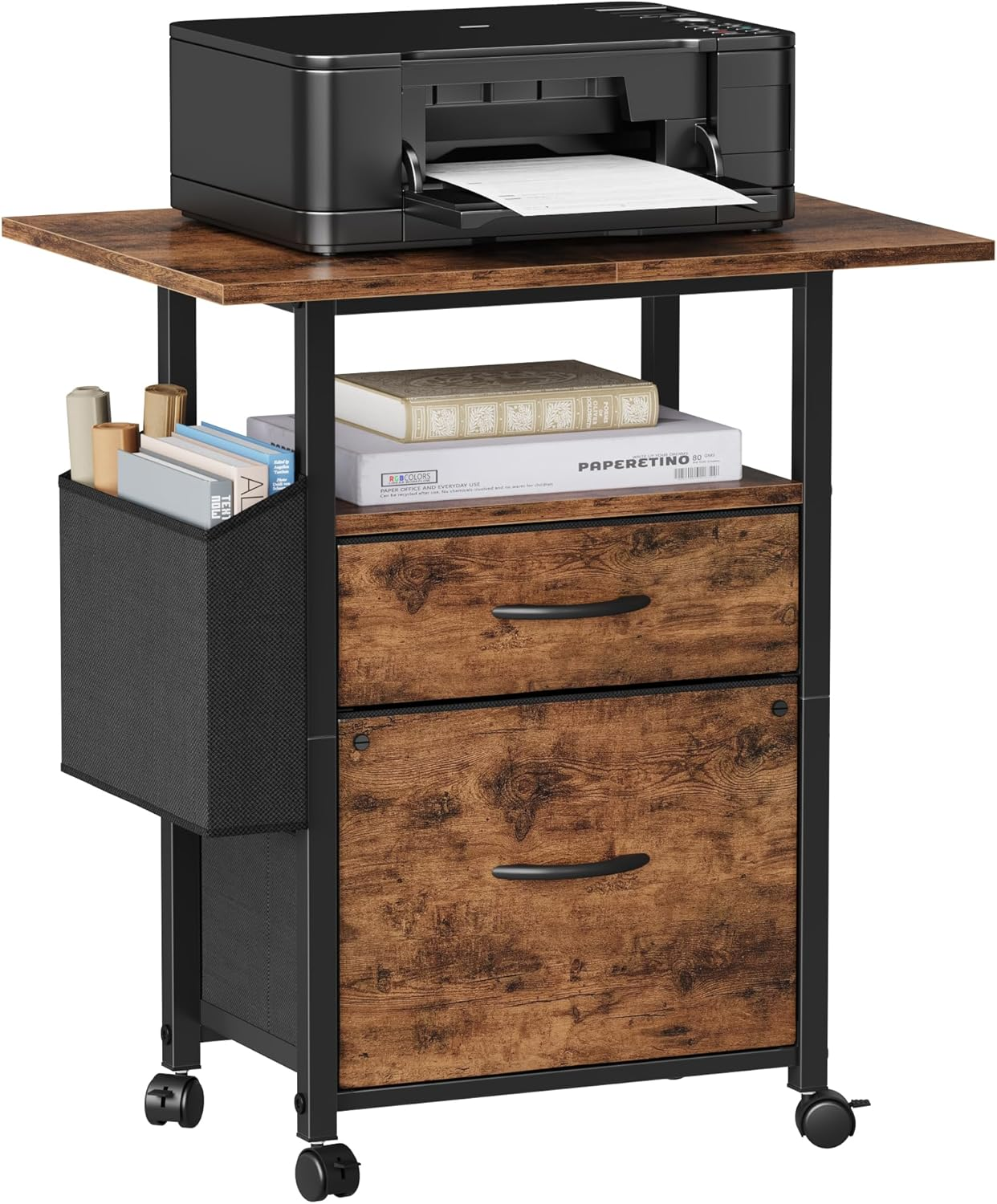 GYIIYUO 2 Fabric Drawer File Cabinet with 24'' Extended Desktop, Mobile Filing Cabinet, Rolling File Cabinet with Side Bag, Fits A4 Size, Home Office, Light Brown