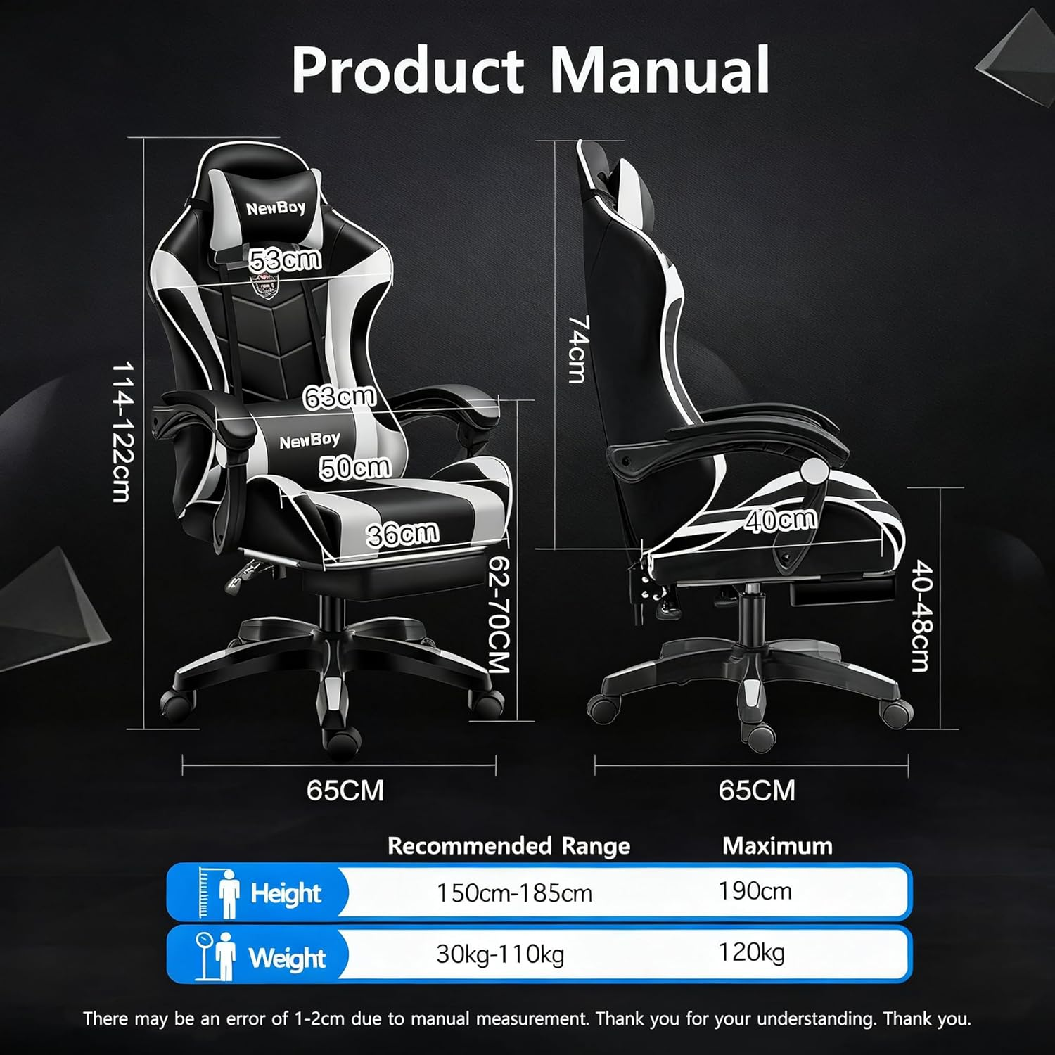 Gaming Chair, Ergonomic Office Chair - PU Leather Reclining Chair with Footrest, Headrest and Lumbar Support, Height-Adjustable, Suitable for Gaming/Office Scenarios (Model 13, Black and White) image number 3