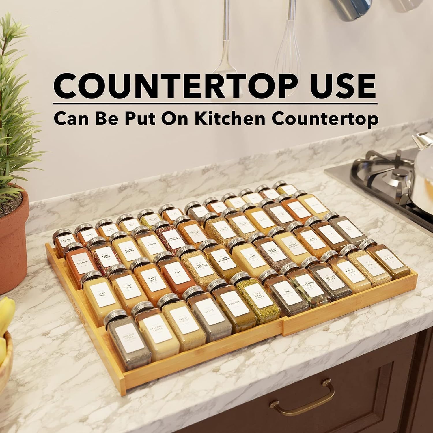 Spaceaid Bamboo Spice Drawer Organizer, (Need 3" Deep Drawer) Expandable 4 Tier Spices Rack for Cabinet, Kitchen Seasoning Storage Insert (Jars Not Included, from 12" to 23" Wide) - Black image number 7