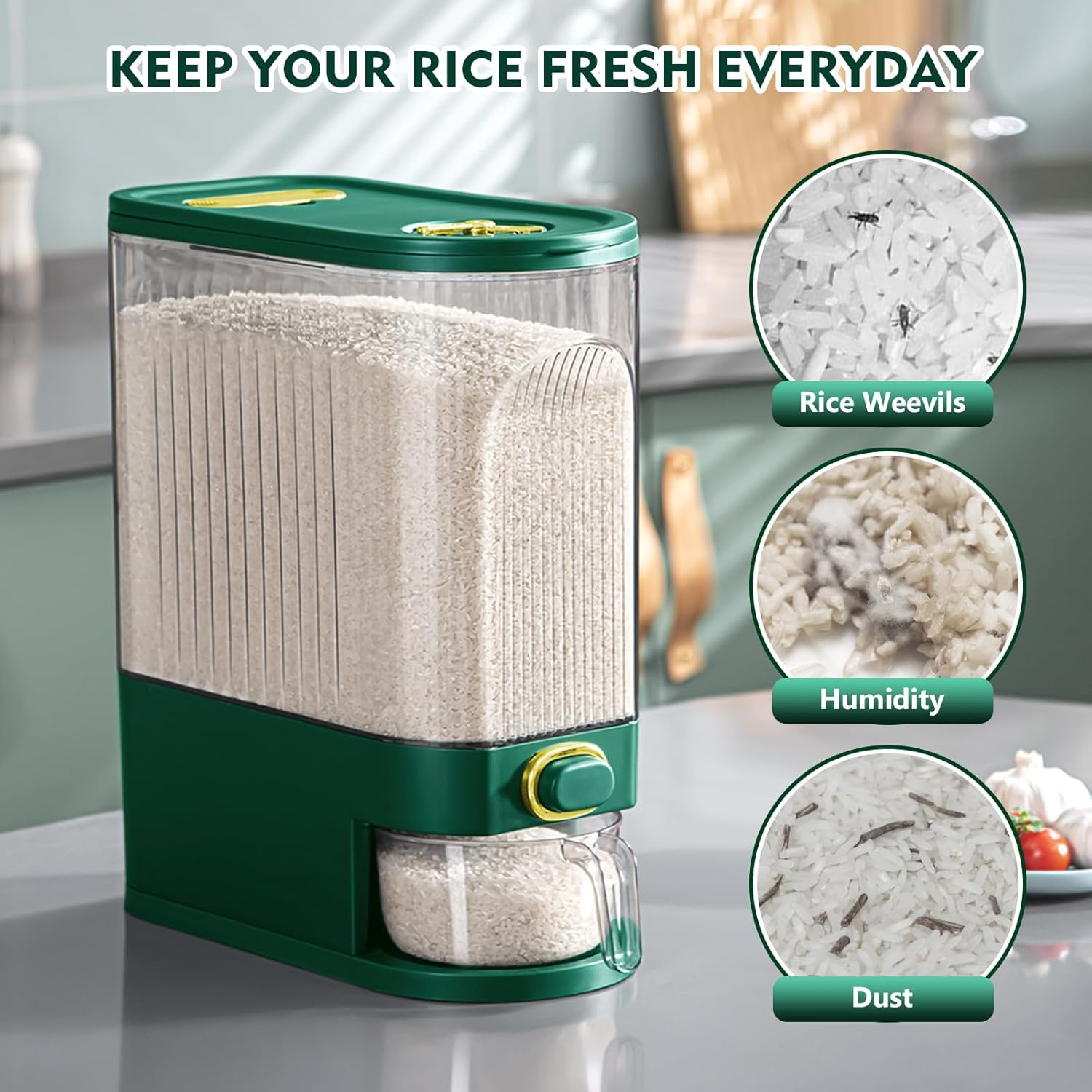 Lenwi 22 Lbs Rice Dispenser, Large Dry Food Storage Container with Measuring Cup & Time Scale, Food Dispenser Kitchen Organization and Pantry Store for Cereal Dry Food (Green) - Blue image number 4