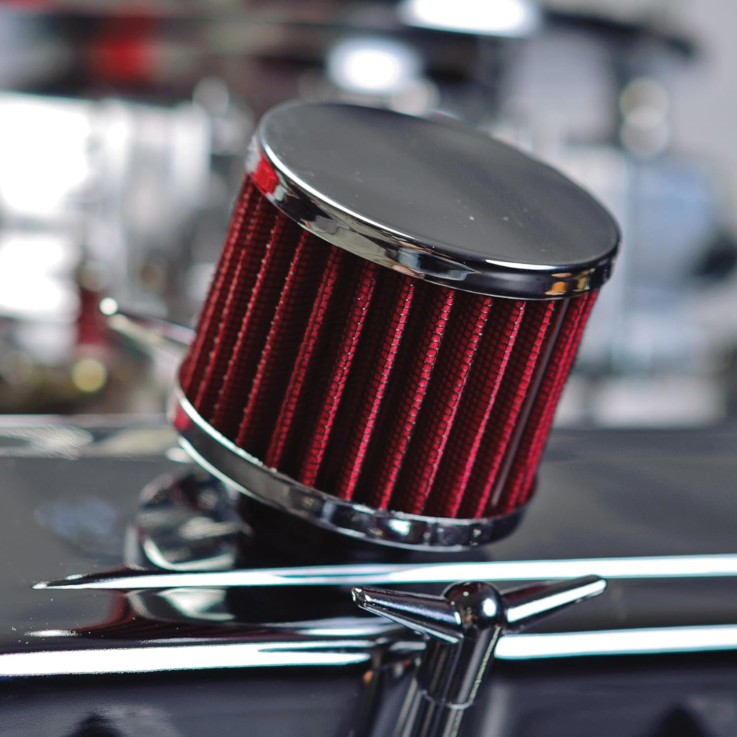 TFI Racing Valve Cover Breather Cap Push in Neck Chrome Element, Red, 1 Inch image number 1