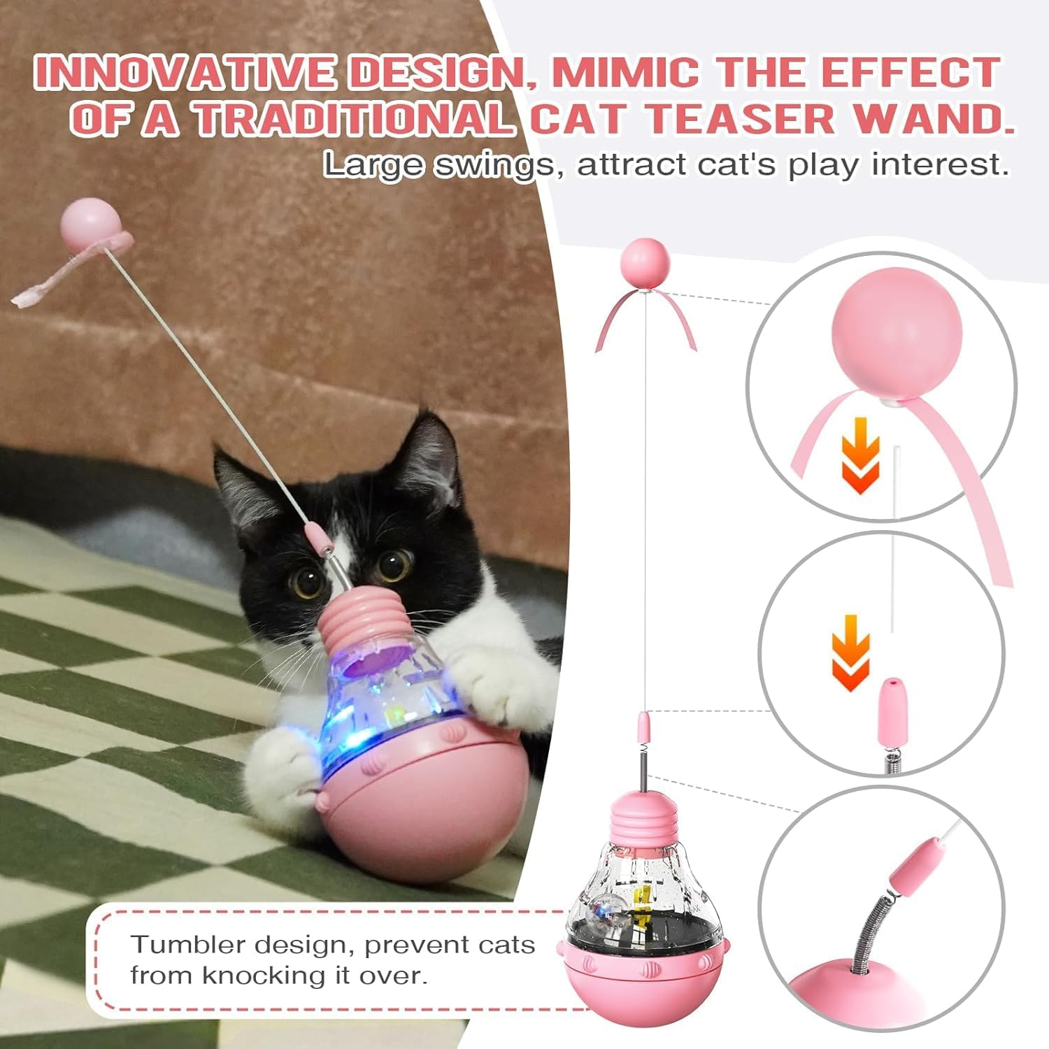 Cat Interactive Toys, Undefeated Cat Toys with Teaser Stick, Light up Teaser Cat Toys, Slow Fooder Feeding Pet Toys