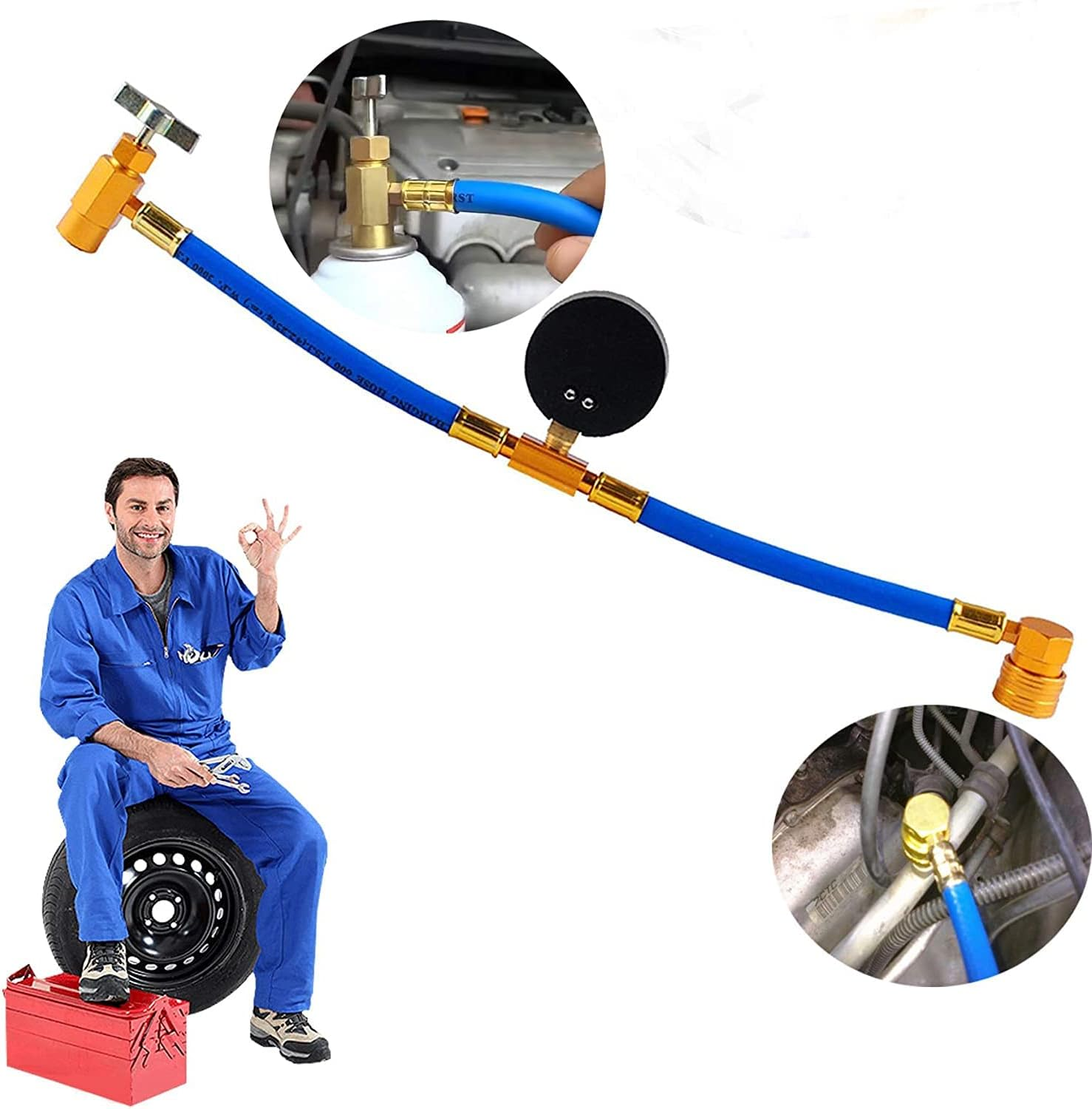 R134A Car AC Refrigerant Charge Hose Kit Recharge Hose with Gauge,A/C 1/2 Recharge Measuring Kit Can Tap Air Conditioning Pressure Gauge R134A by Ketofa image number 6
