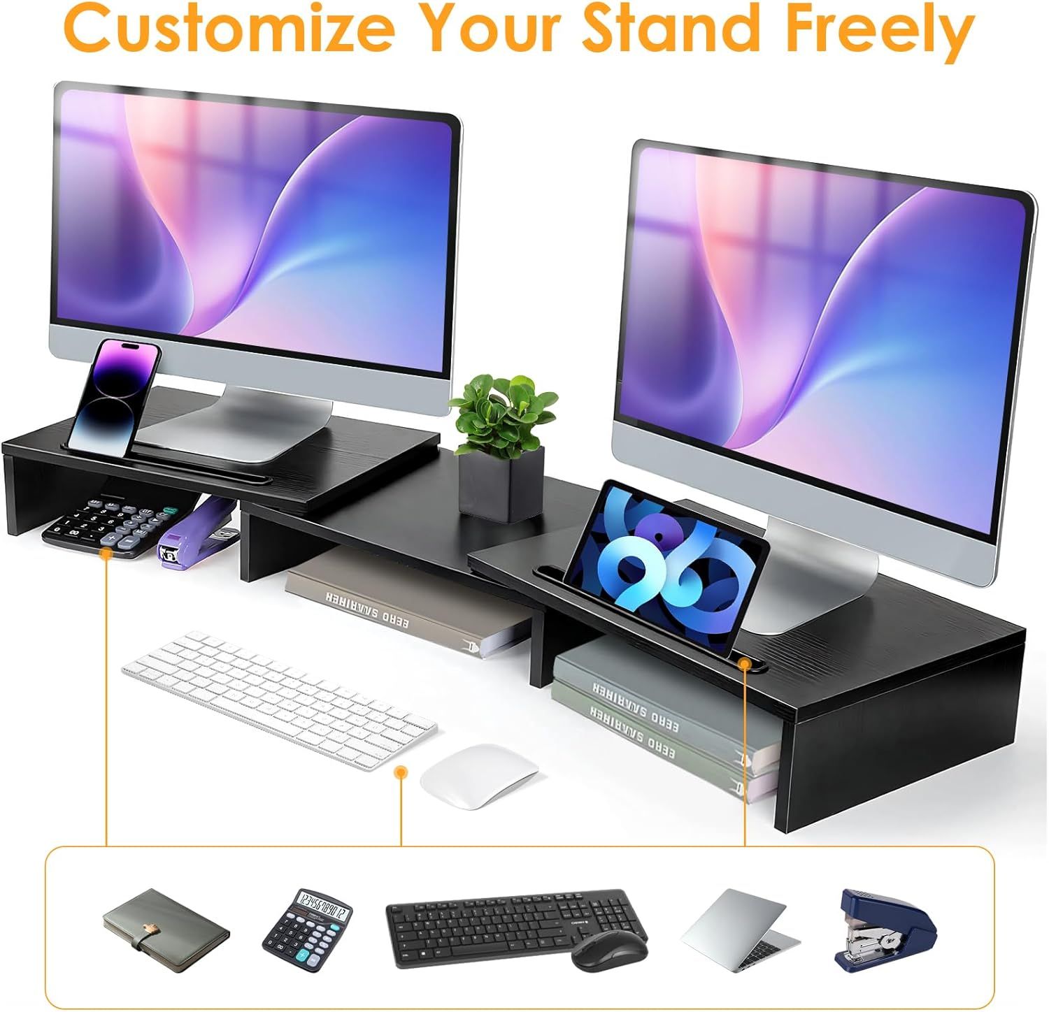 DAWNTREES Dual Monitor Stand Riser 3 Shelf Screen Stand with Adjustable Length and Angle, 2 Extra for PC, Computer, Laptop - Black2 image number 6
