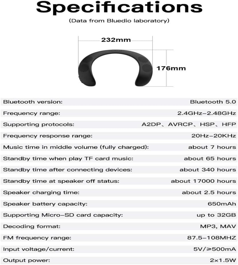 Bluedio HS Neck-Mounted Bluetooth Speaker Portable Wireless Speaker Bass Bluetooth 5.0 FM Radio Support SD Card Slot 1" Black image number 3