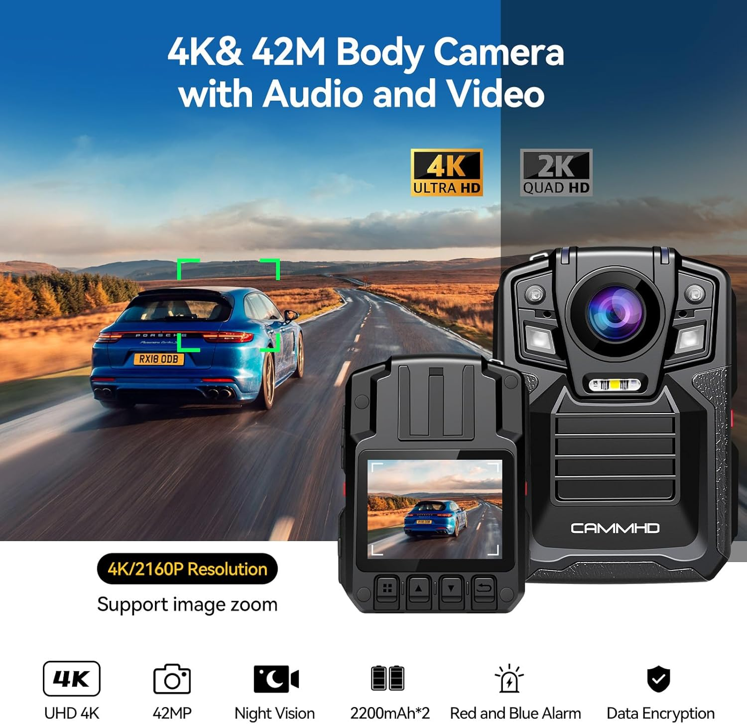CAMMHD V8Pro-64Gb 4K Body Camera, Dual Batteries Wearable Camcorder Video Camera with Audio, 170&deg; Wide Angle Night Vision Body Cam for Police Security Guard Personal Safety Night Adventure image number 1