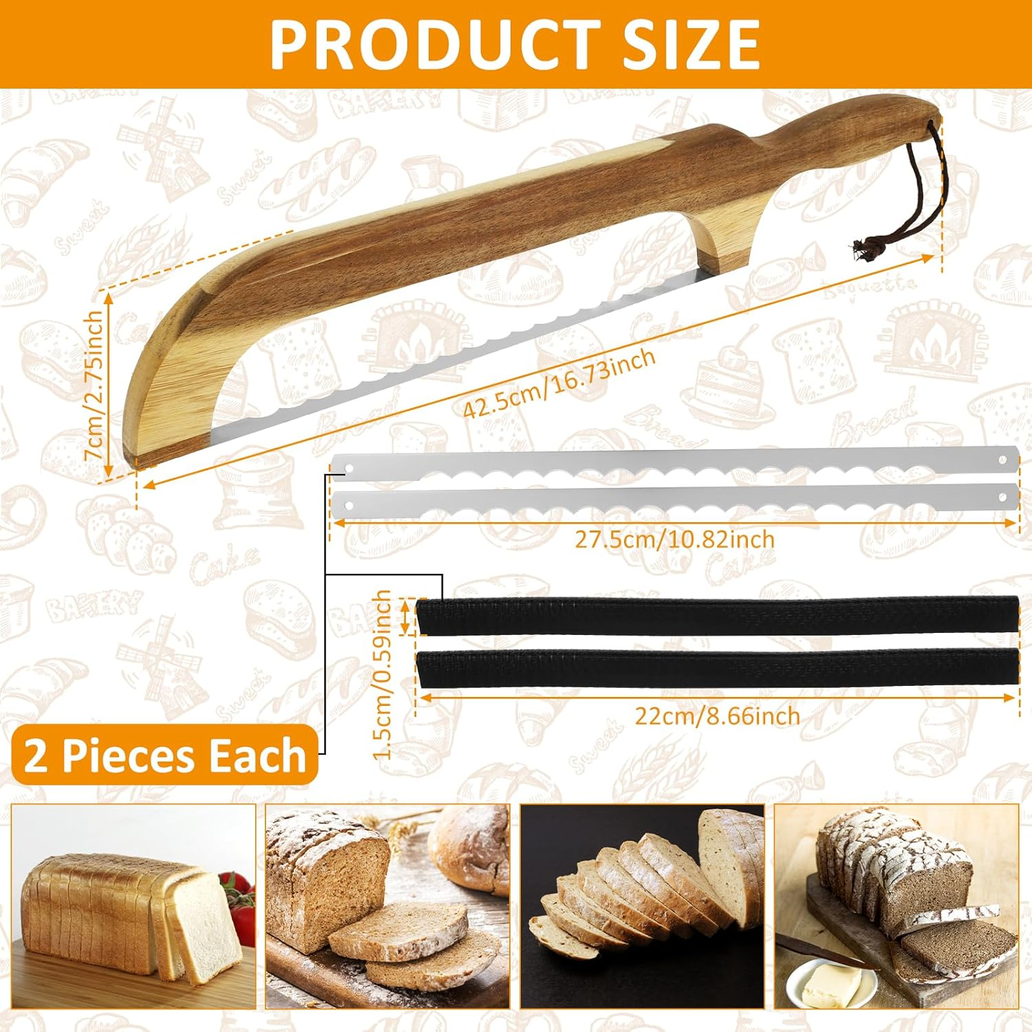 Sourdough Slicer Knife, Bread Bow Slicer, Stainless Steel Bread Cutting Tool, Food Grade Bread Slicer with 2 Spare Blade + 2 Knife Guards for Sourdough Loaf Baguettes Bagels image number 2