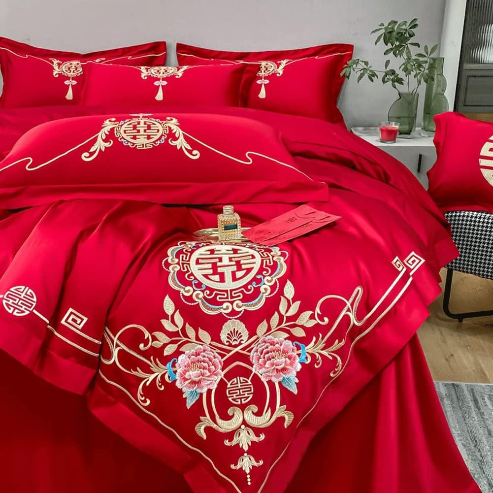 Red Duvet Cove King Double/Full 100% Skin-Friendly Cotton Super Soft 4-Piece Red Bedding Duvet Cover Set 1 Duvet Cover And1 Fitted Sheet and 2 Pillow Shams (Color : Red A, Size : 220X240-180X200Cm) image number 2