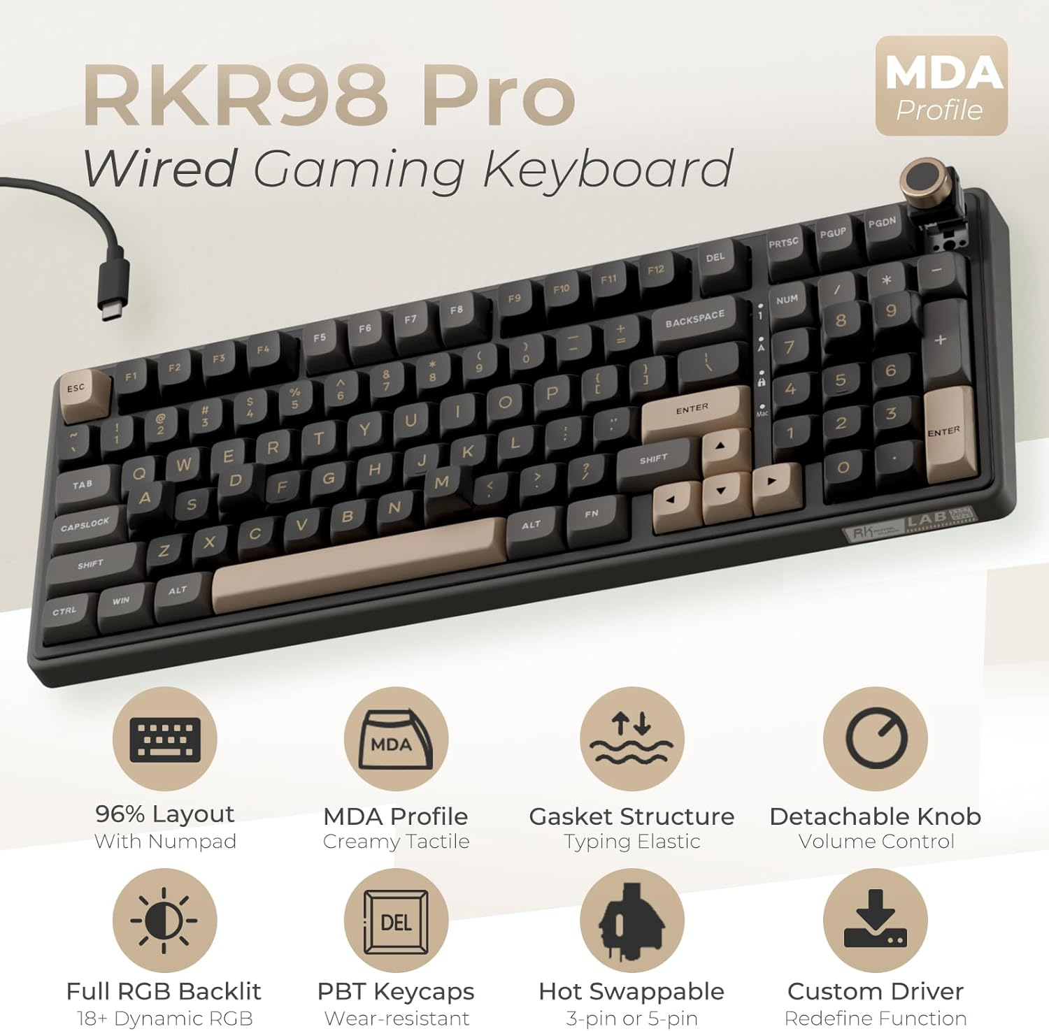 RK ROYAL KLUDGE R98 Pro Creamy Gaming Keyboard, 96% Wired Mechanical Keyboard RGB Backlit with Number Pad and Volume Knob, Gasket Mount, MDA Profile PBT Keycaps, Hot Swappable Pre-Lubed Linear Switch image number 2