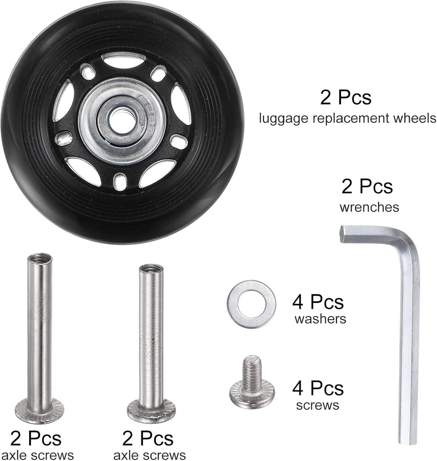 Uxcell Replacement Luggage Wheels 60X24Mm Suitcase Wheel Repair Kits Include 2 PU Bearing Wheels & Washers, Wrenches & Axle Screw for Trolley Bag, Inline Skate and Caster Board image number 1