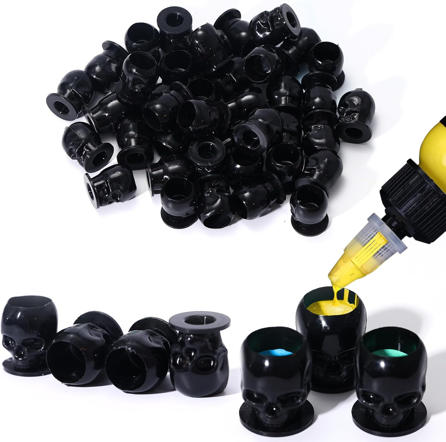 YILONG 200PCS Disposable Tattoo Ink Caps Doll Tattoo Ink Cups with Stable Base Permanent Makeup Pigment Holder Container Cap Tattoo Accessory Tattoo Supplies,Rose Red - Doll 200Pcs-Black image number 5