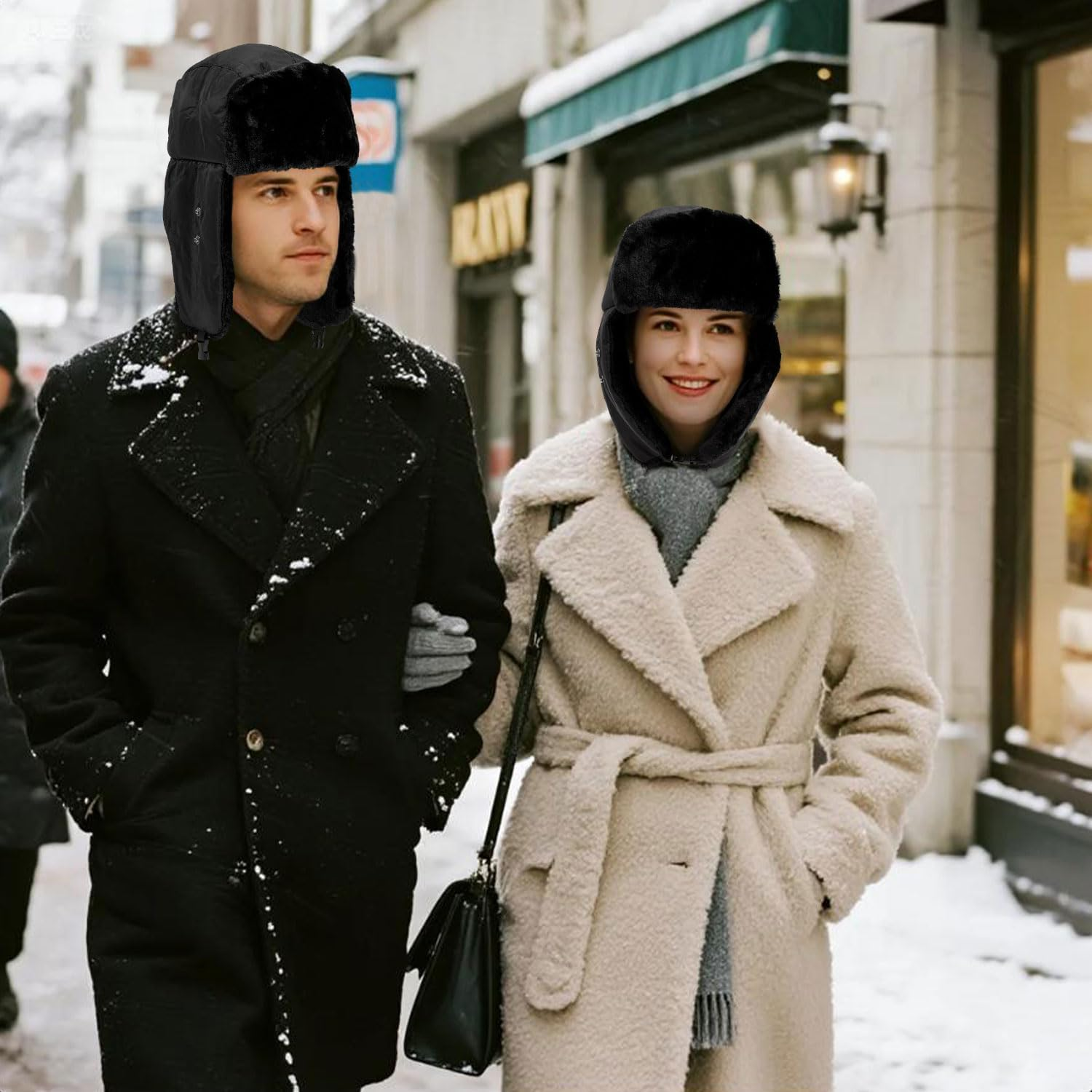 Trapper Hat Unisex Adult, Faux Fur Winter Warmer Windproof Bomber Hat, Russian Hat with Ear Flaps and Mask for Skating, Skiing, Hunting or Daily Use, Winter Hats for Men Women Black image number 6