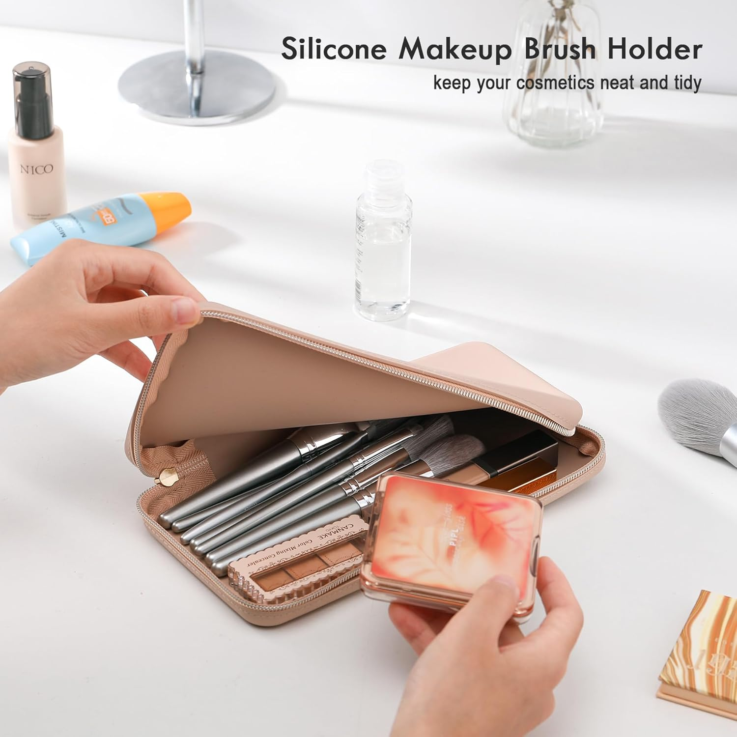 FVION Zipper Makeup Brushes Bag for Travel, Large Silicone Makeup Brush Holder, Make up Brushes Pouch Case for Makeup Tools - Khaki - Black image number 2