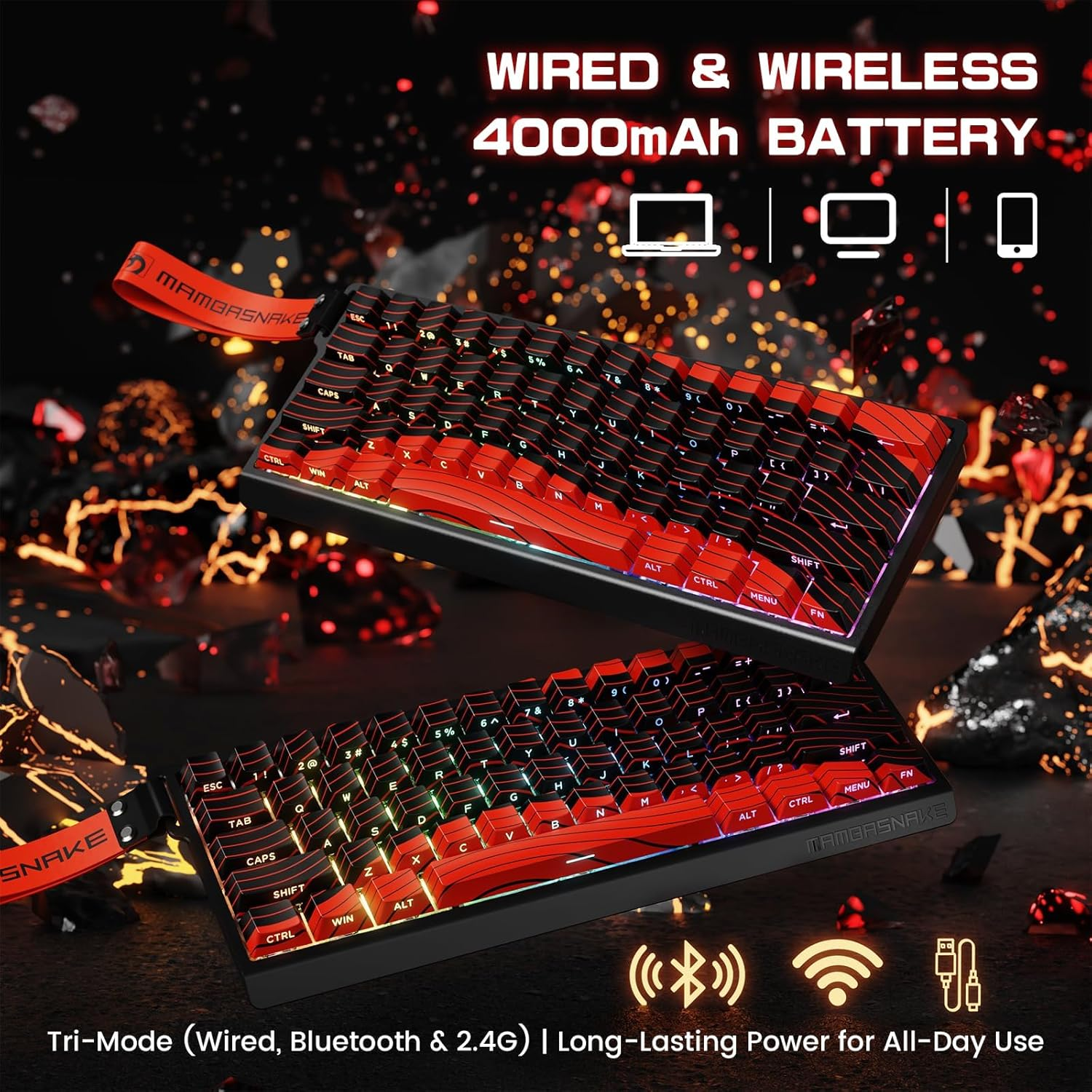 MAMBASNAKE X60 HE 60% Bt/2.4G/Wired Tri-Mode Gaming Keyboard Adjustable Actuation,Rapid Trigger Magnetic Switch Mechanical Keyboard,Rgb Backlit,8Khz Polling Rate with Coiled Cable for Pc/Mac-Red image number 1