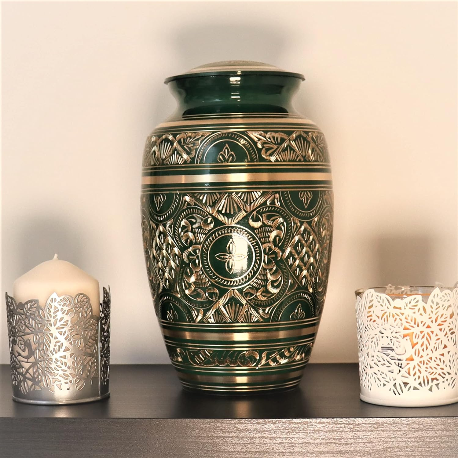 Liliane Memorials Green and Gold Funeral Cremation Urn Cassis Model in Brass for Human Ashes Suitable for Cemetery Burial Fits Remains of Adults up to 200 Lbs, Large image number 1